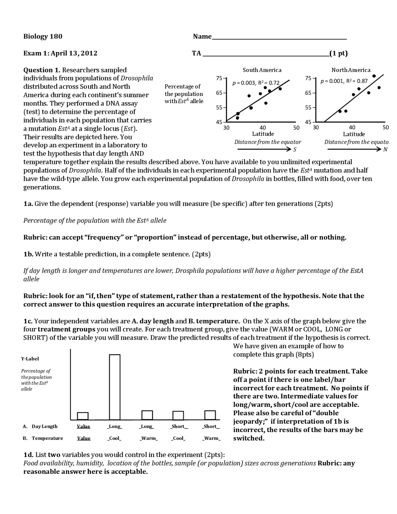 Exam 1 Solved - Introduction Biology - Fall 2012 | BIOL 180 - Docsity