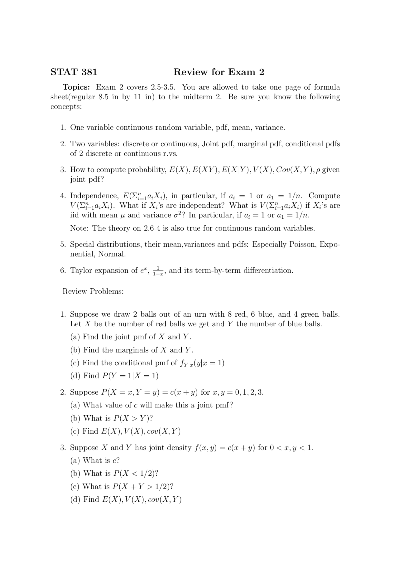 Stat Applied Methods Project Review for Exam 2 - Applied Statistical Methods I | STAT 381 - Docsity