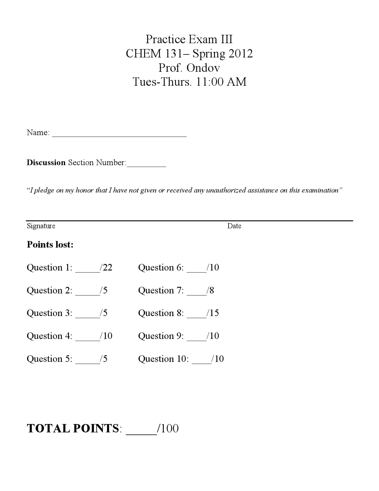 Practice Exam 3 - Chemistry Fundamentals I | CHEM 131 - Docsity