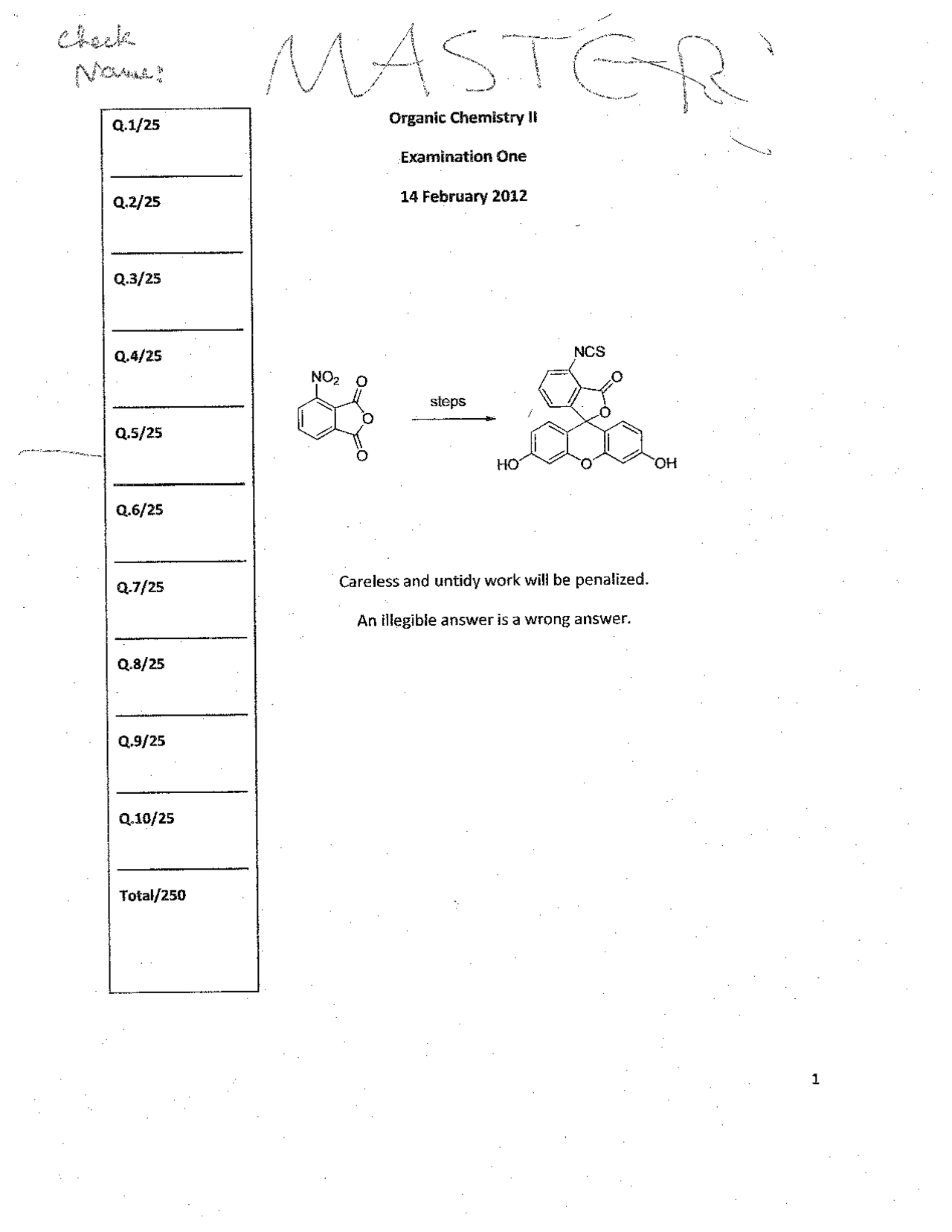 Past Exam 1 with Solution Key - Organic Chemistry II | CHEM 2260 - Docsity