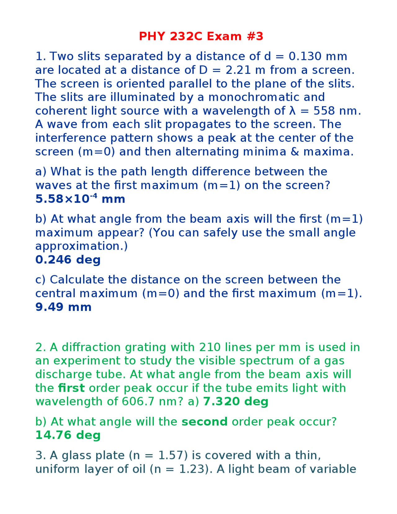 Exam 3 with Answers - Introductory Physics II | PHY 232 - Docsity