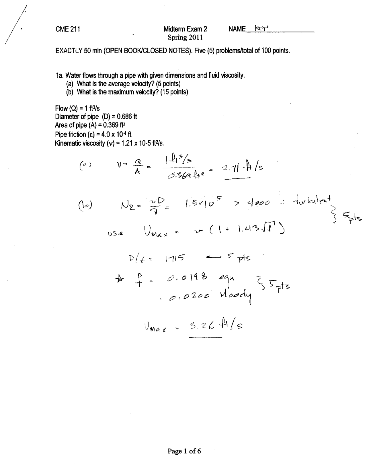 Midterm Exam 2 Answer Key - Fluid Mechanics and Hydraulics | CME 211 ...
