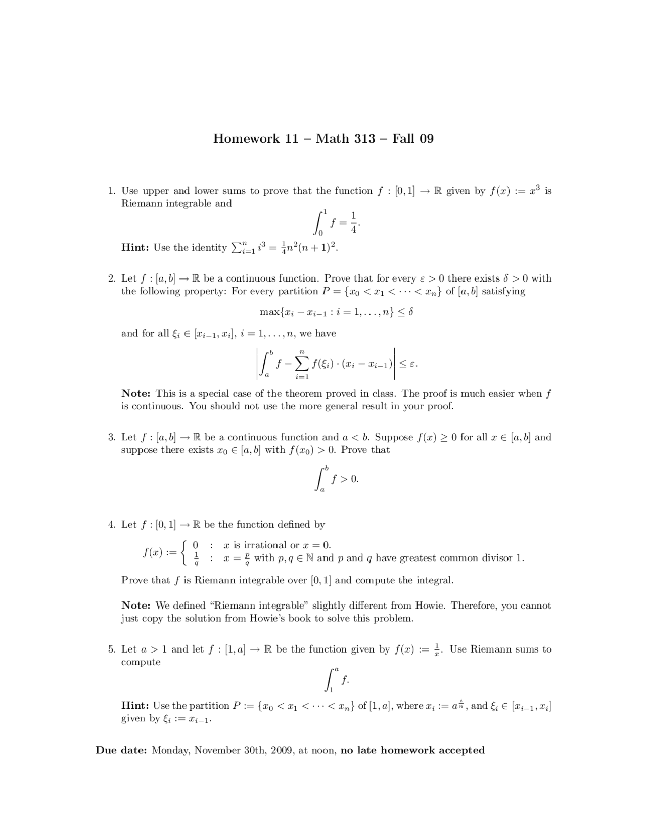 Homework 11 with Solutions - Analysis I | MATH 313 - Docsity