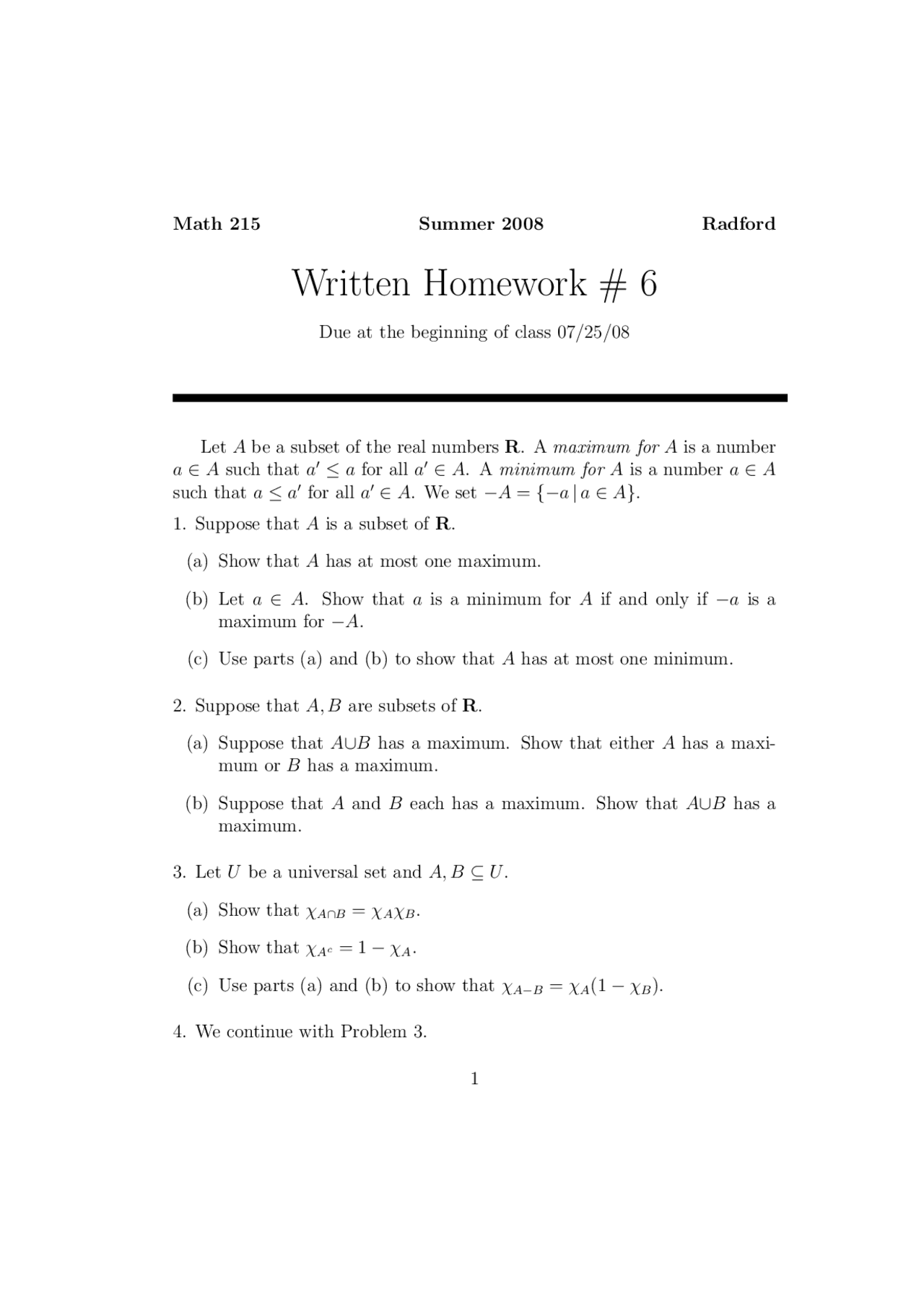 Introduction to Advanced Mathematics - Homework 6 - Summer 2008 | MATH ...