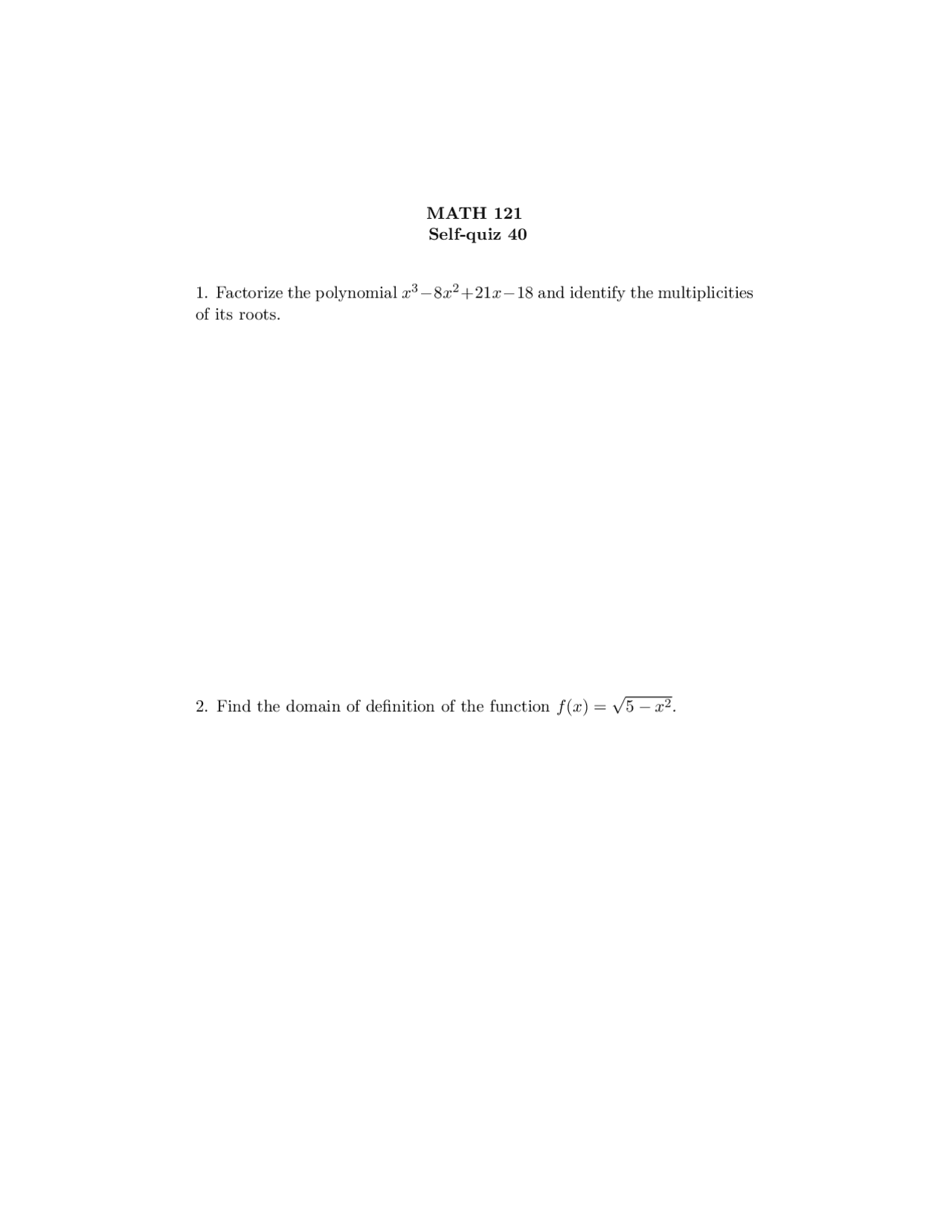 Math Prerequisites Question Examples Precalculus Mathematics - Sample Quiz 25 with Solutions | MATH 121 ...