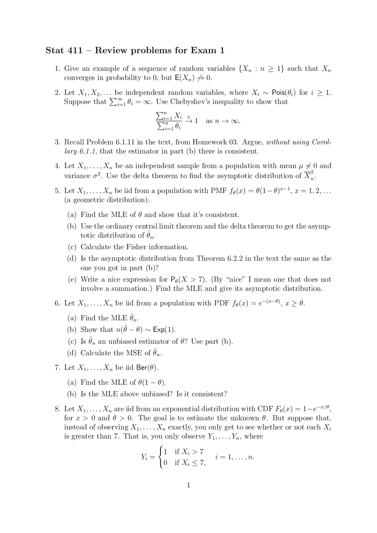 Review Problems for Exam 1 | Statistical Theory | STAT 411 - Docsity