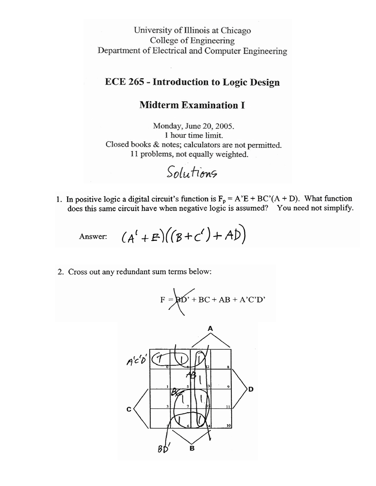 11 Solved Problems on Introduction to Logic Design | ECE 265 - Docsity