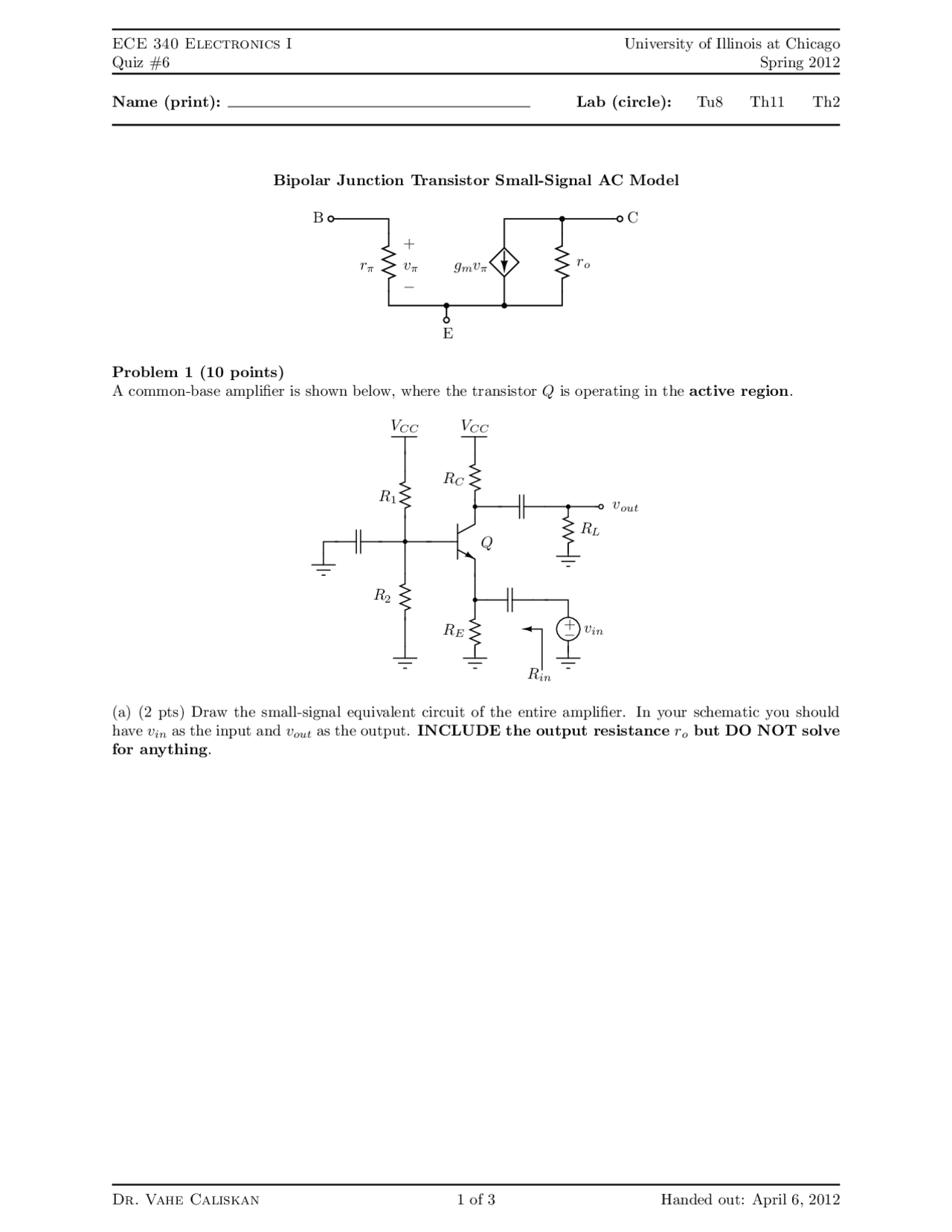 Bipolar Junction Transistor Small Signal AC Model - Quiz 6 | ECE 340 ...