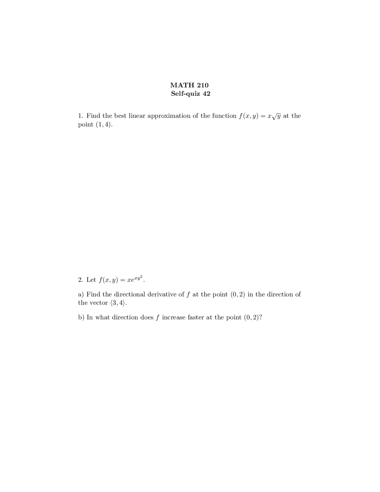 Calculus III - Self Quiz 42 with Solutions | MATH 210 - Docsity