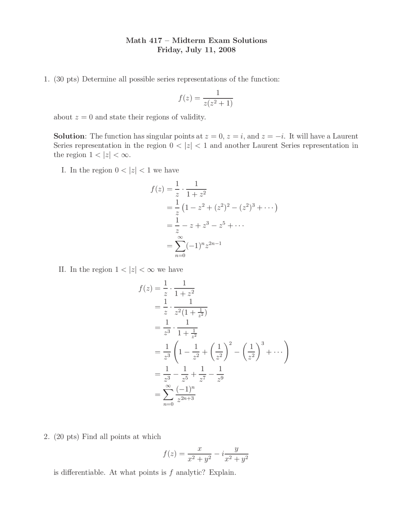 Complex Analysis with Applications - Midterm Exam with Solutions | MATH ...