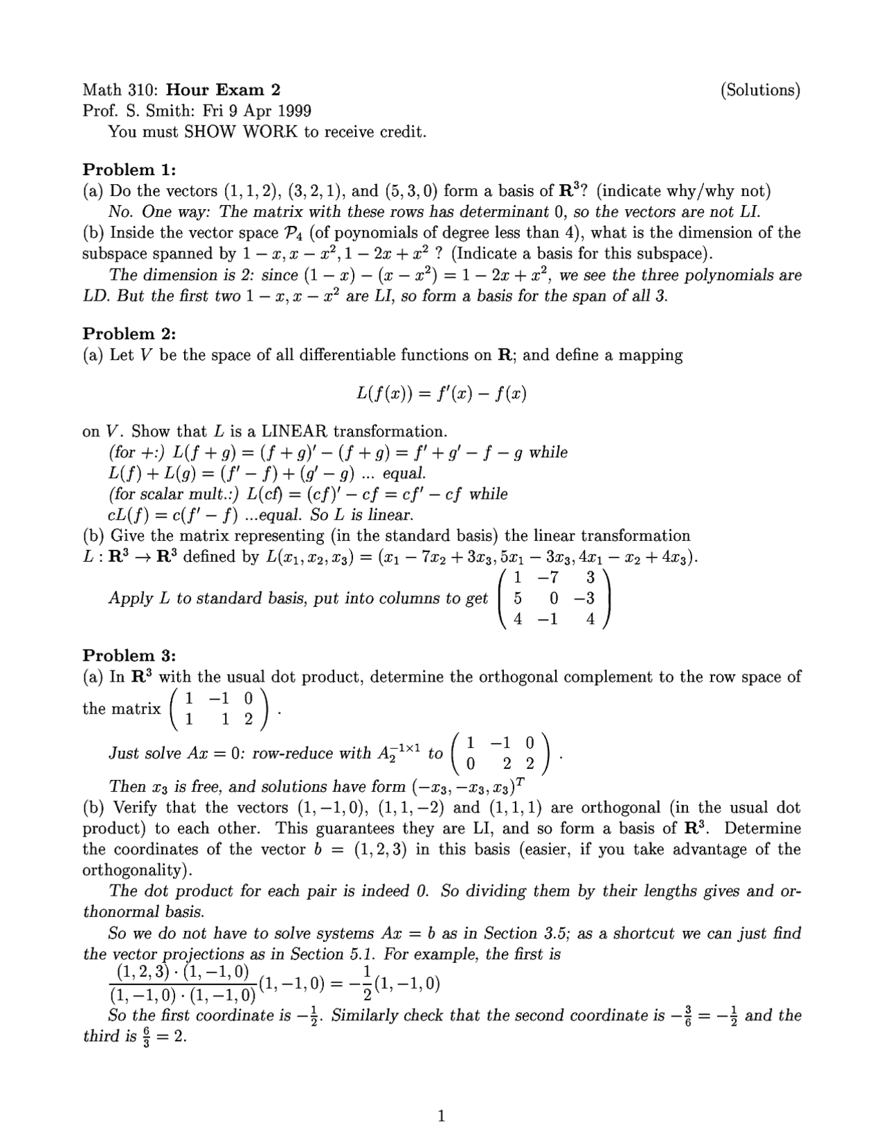 Linear Algebra Math Problems 5 Problems Exam 2 - Applied Linear Algebra | MATH 310 | Exams Linear ...