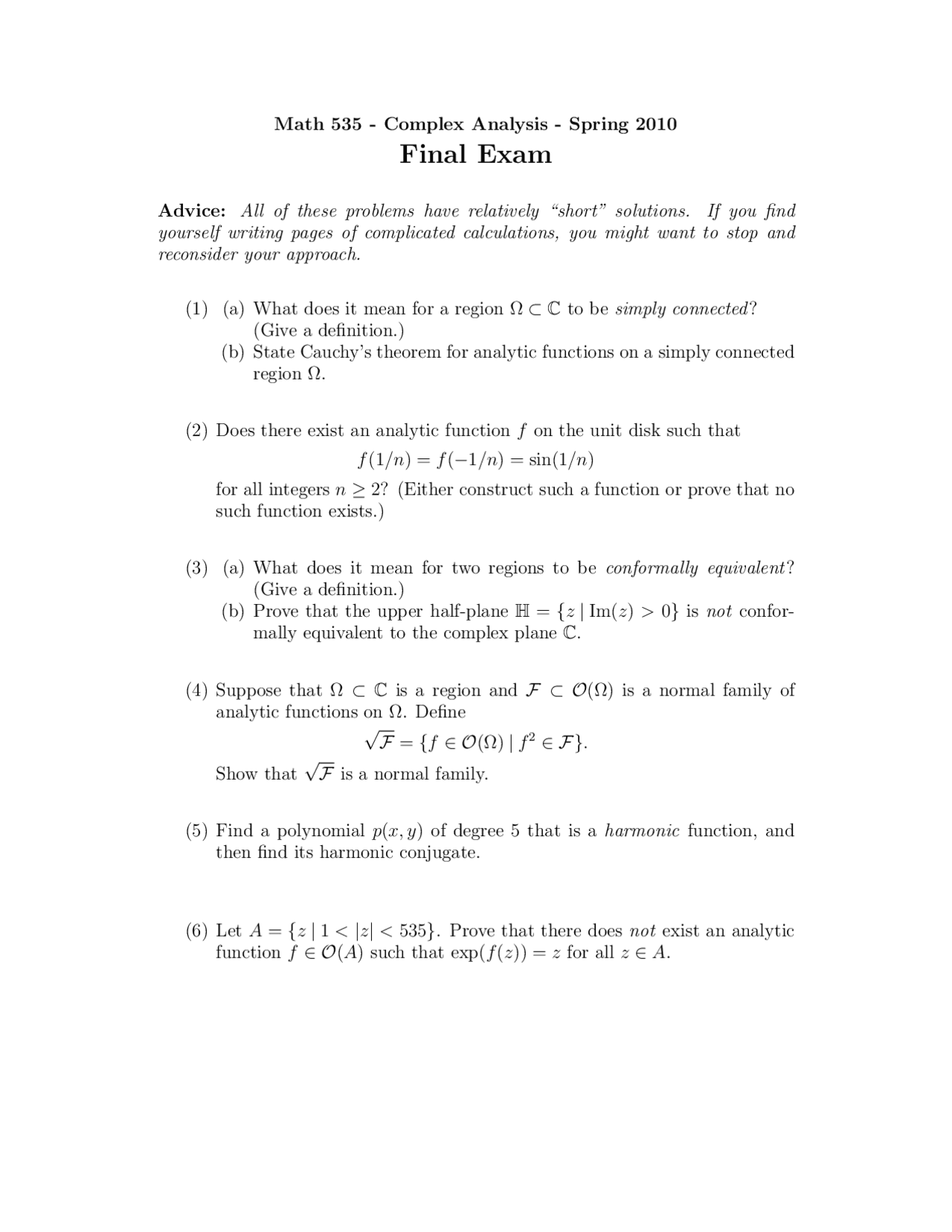 Complex Math Exam Final Exam Solutions - Complex Analysis I | MATH 535 | Exams ...