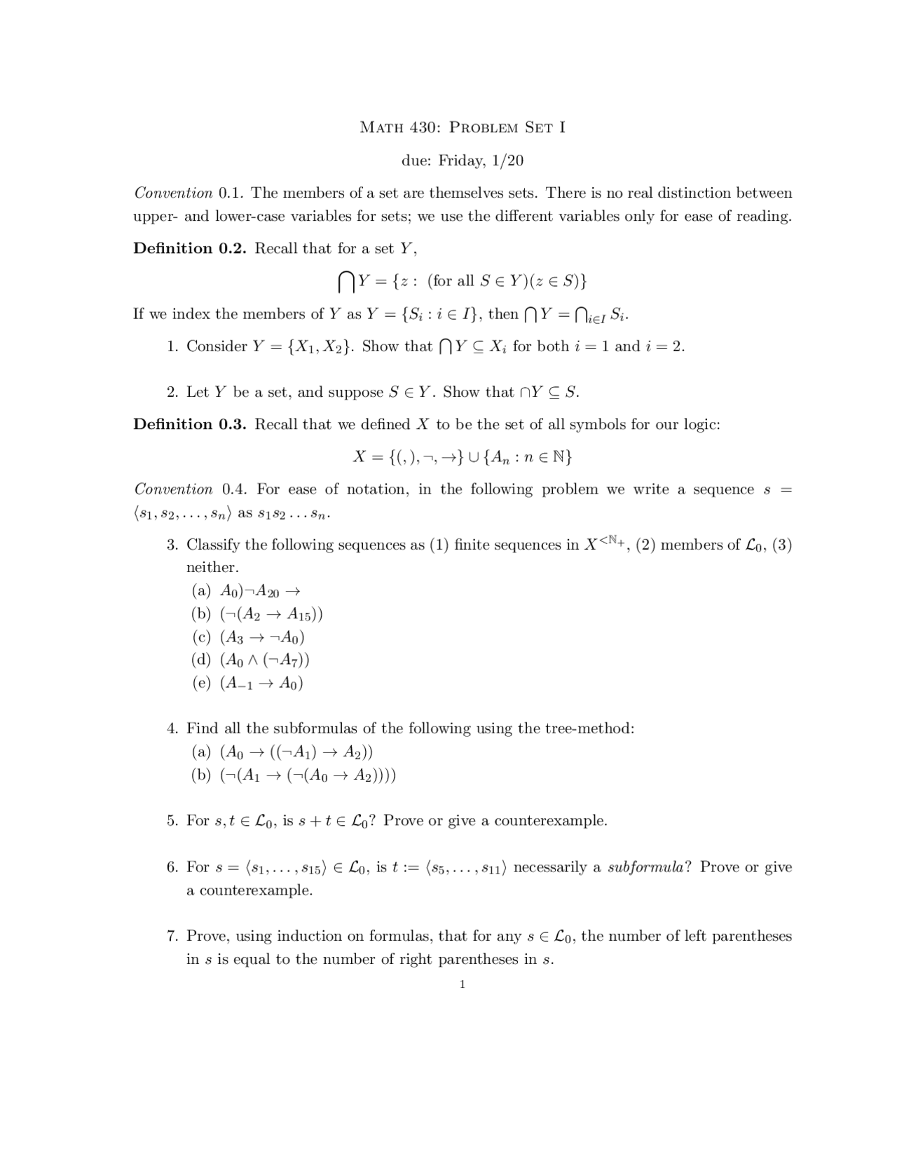 Formal Logic I - Problem Set 1 | MATH 430 - Docsity