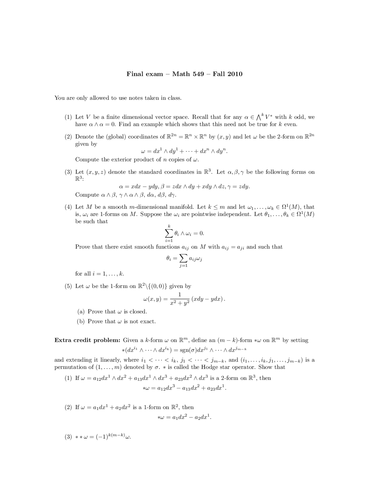 6 Problems on Differentiable Manifolds I - Final Exam | MATH 549 ...