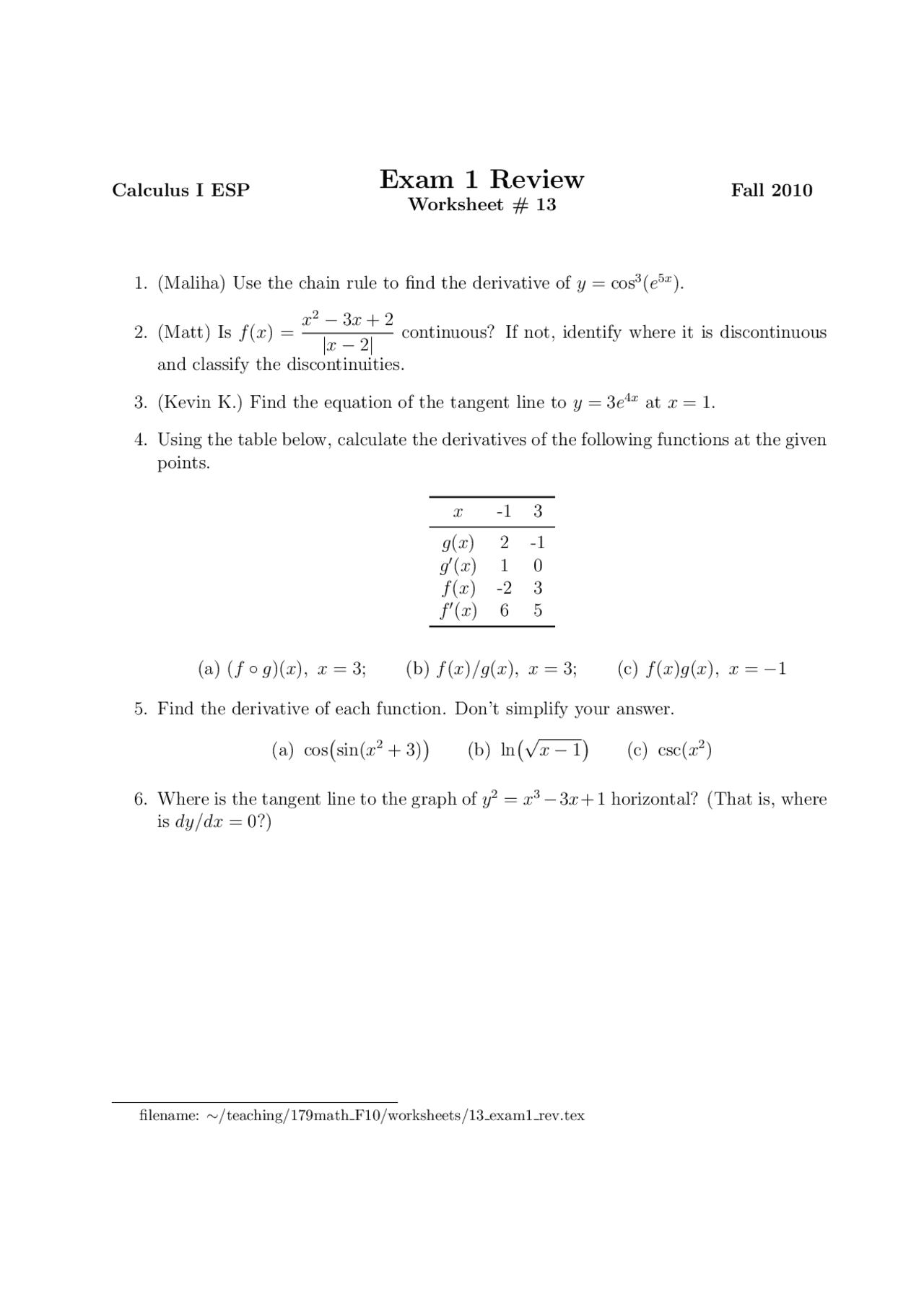 Exam 1 Review Sheet - Calculus I | MATH 180 - Docsity