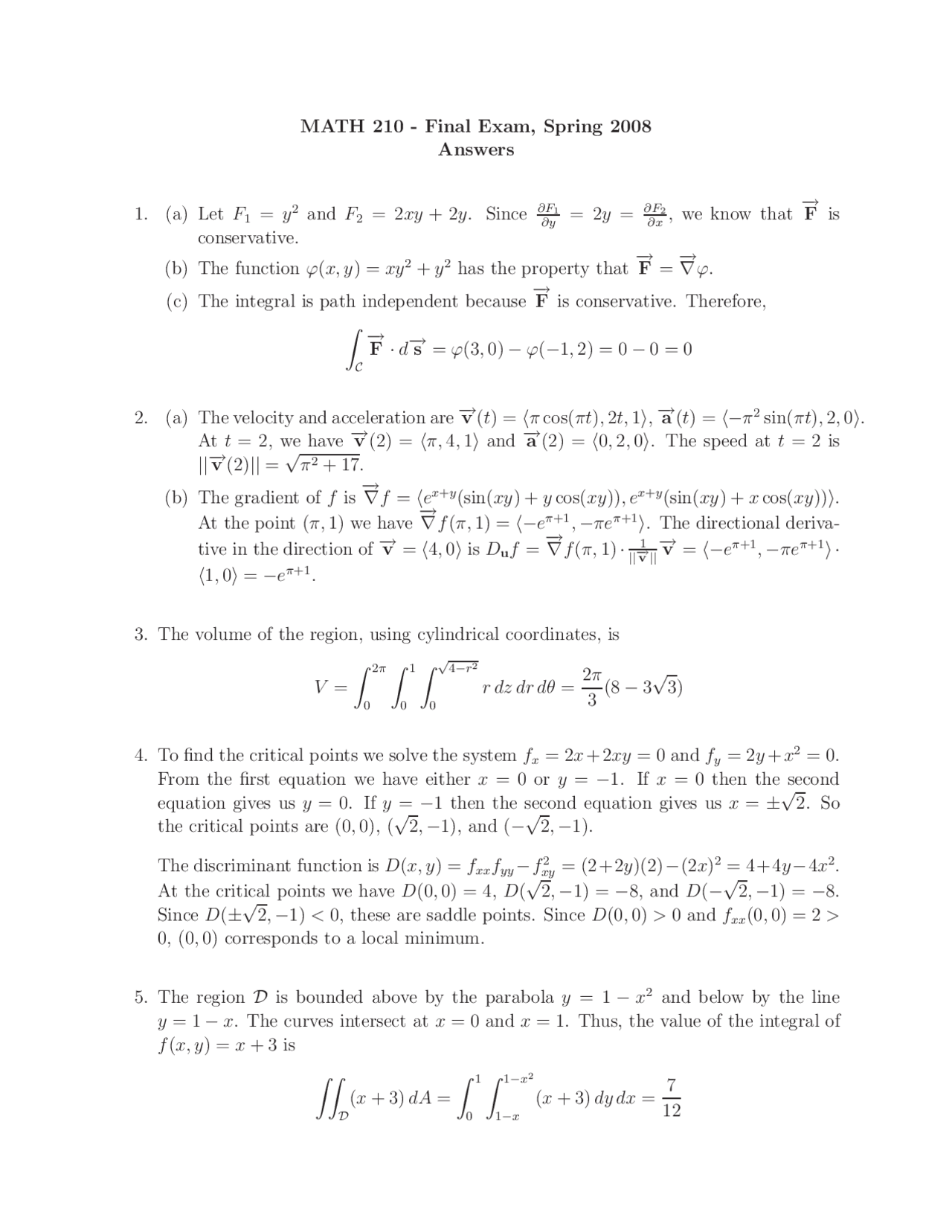Final Exam Calculus Iii Spring 08 Math 210 Docsity