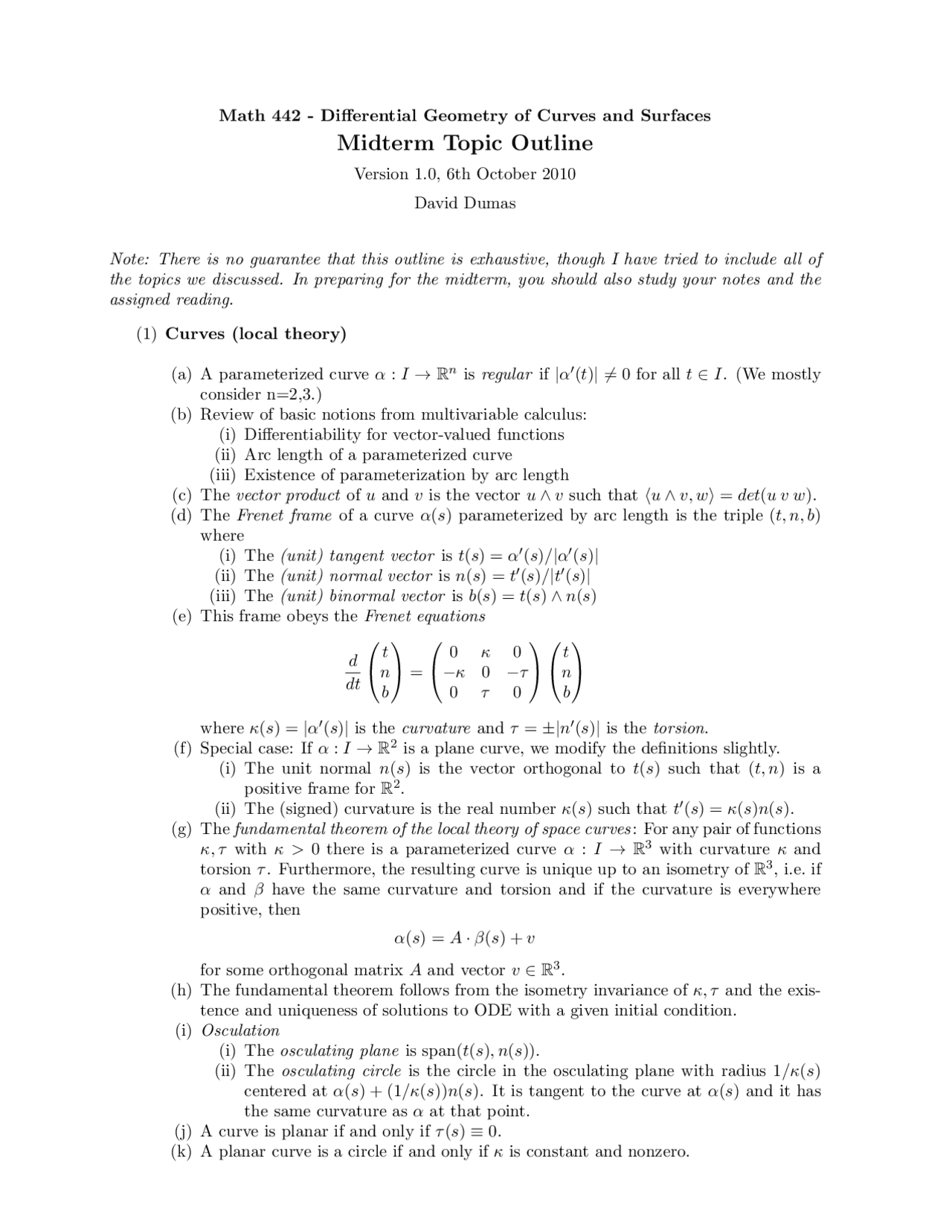 Midterm Exam Study Guide - Differential Geometry of Curves and Surfaces ...