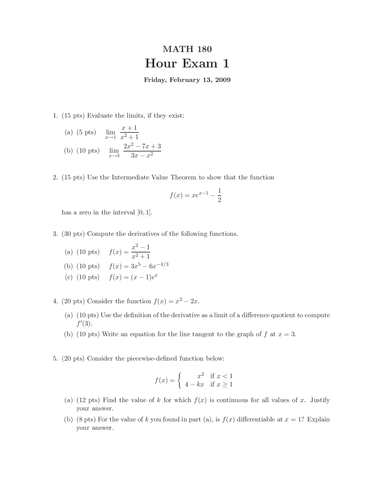 5 Questions on Calculus I - Sample Exam 1 | MATH 180 - Docsity