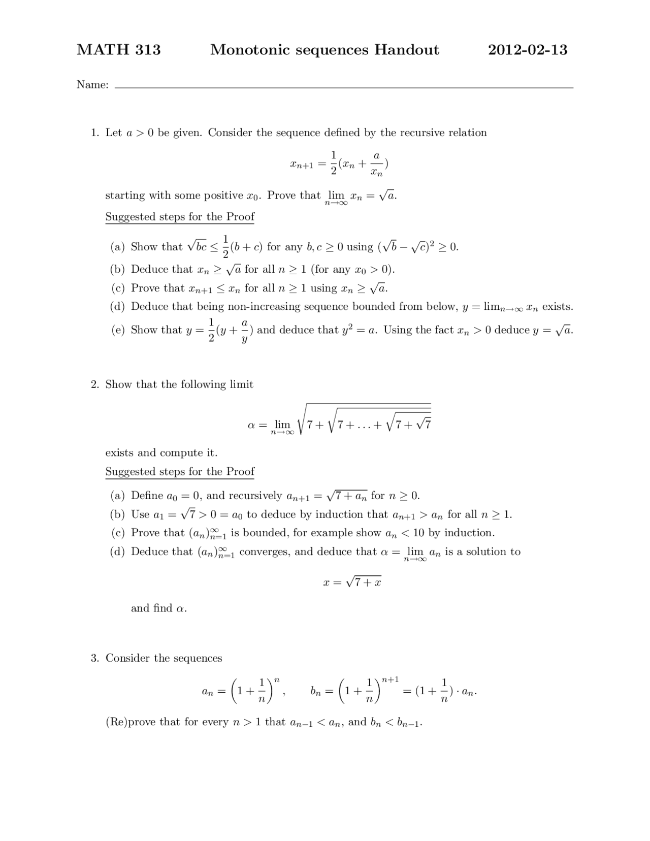 Monotonic Sequences Handout Assignment 1 - Analysis I | MATH 313 - Docsity