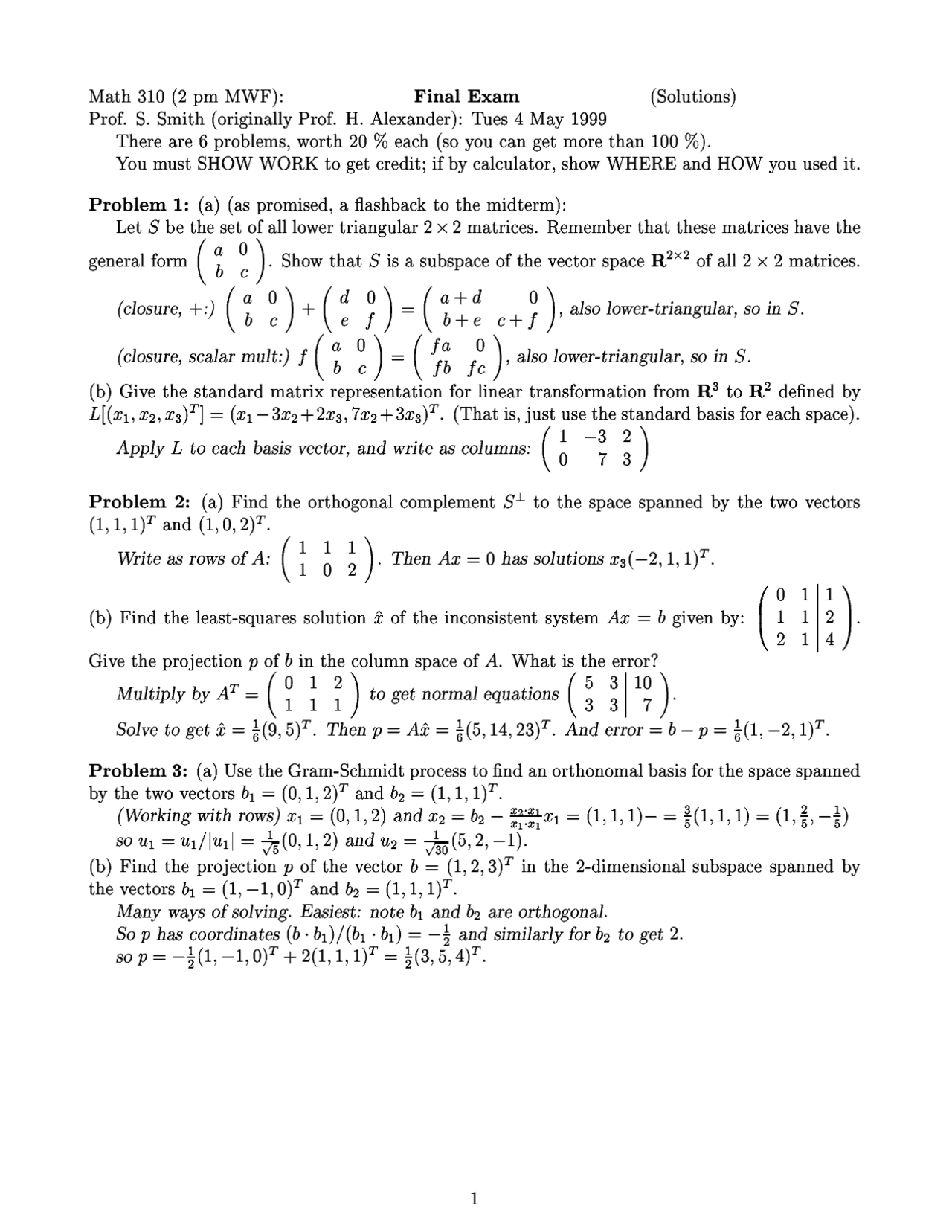 6 Problems With Solutions On Applied Linear Algebra Final Exam Math 310 Docsity
