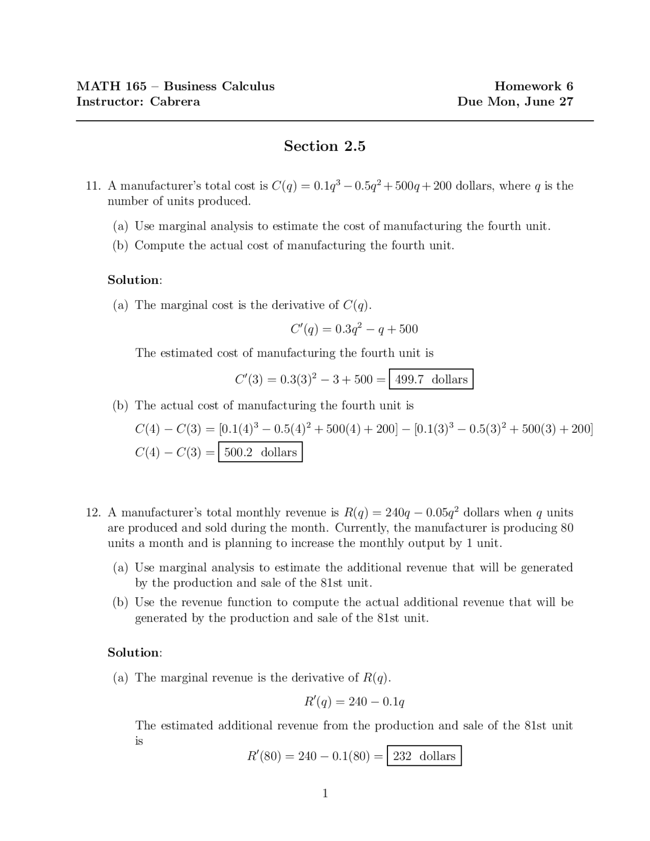 Math 165 Homework 6 Solutions - Calculus for Business | MATH 165 | Assignments ...