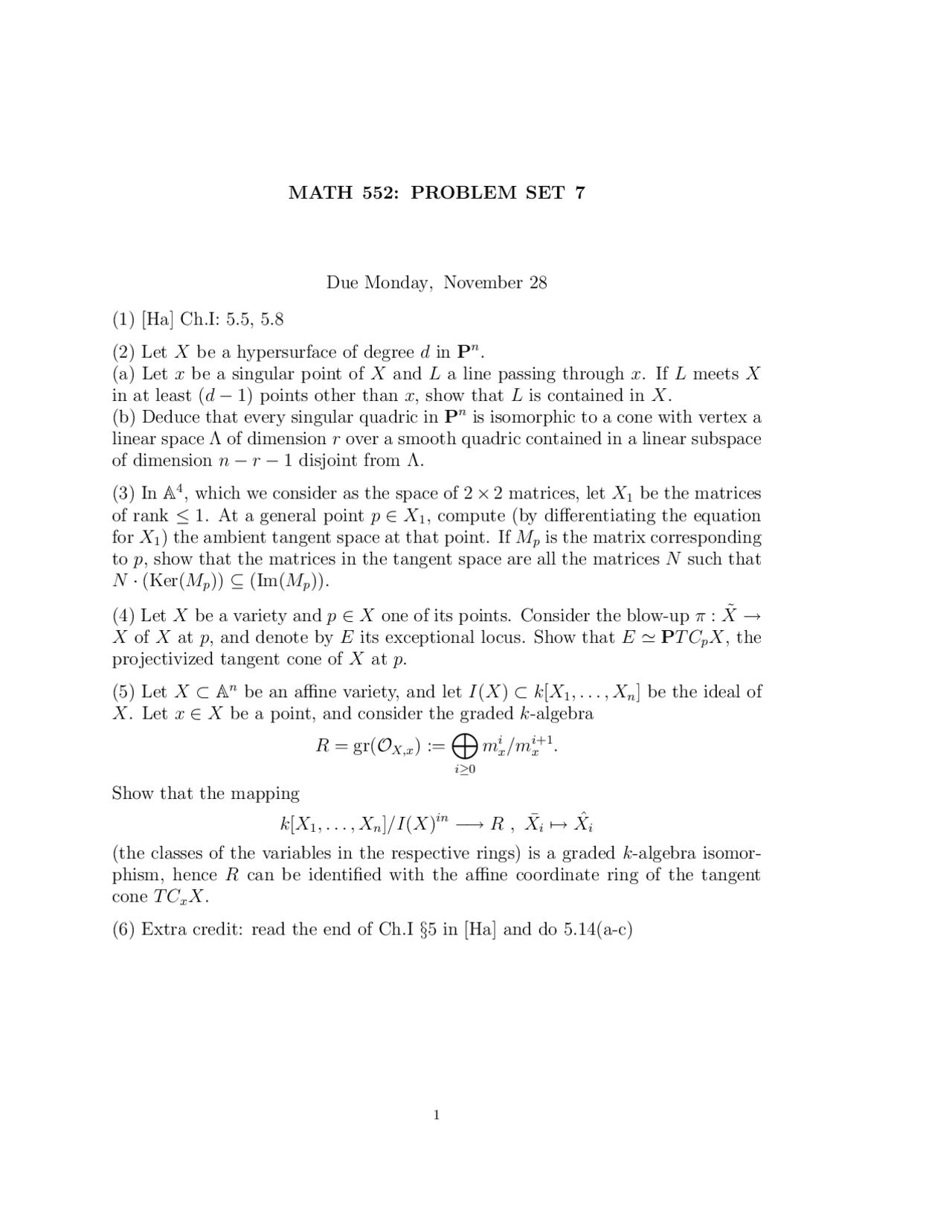 Problem Set 7 - Algebraic Geometry I | MATH 552 - Docsity