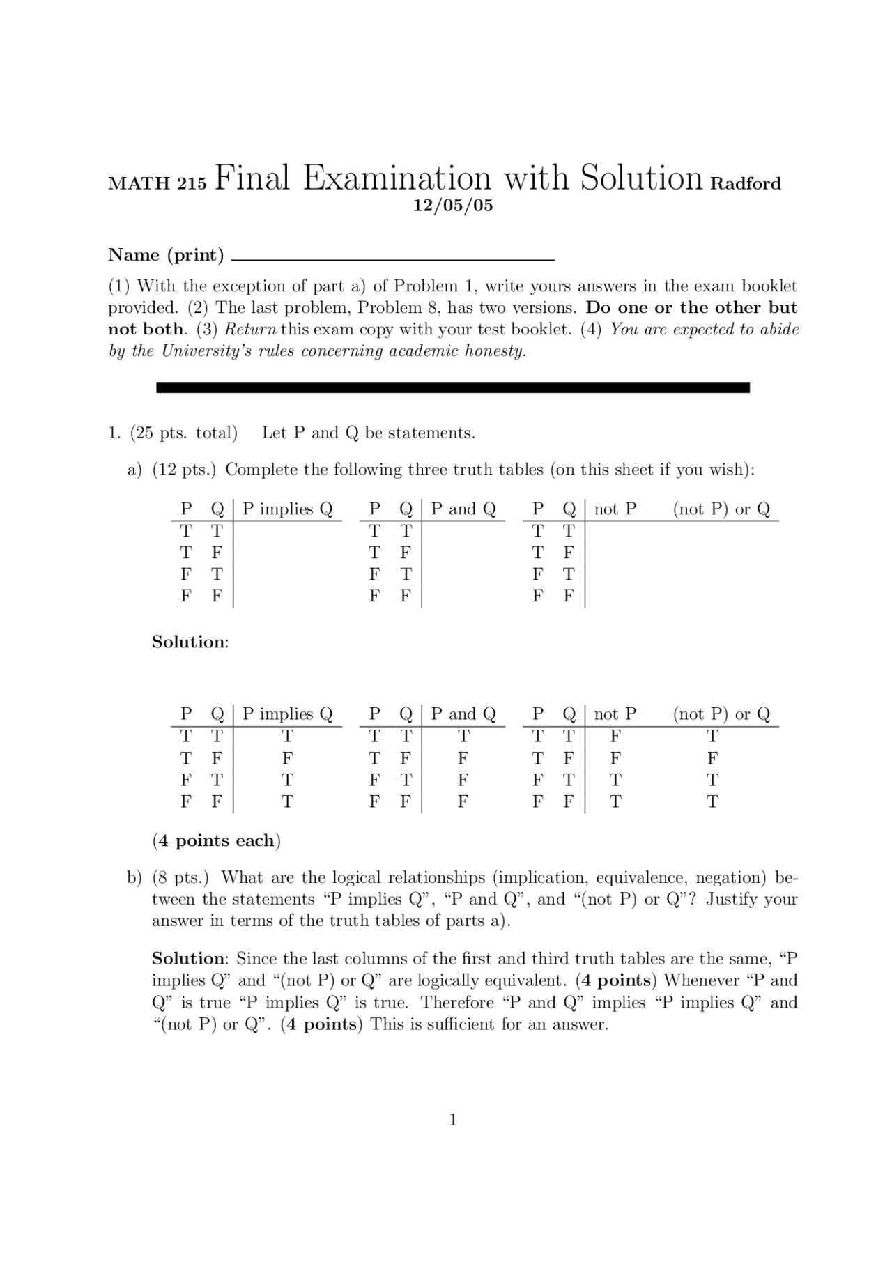 Logic Math College Problem Examples 8 Solved Problems on Truth Table and Logic Relationships - Final Exam ...