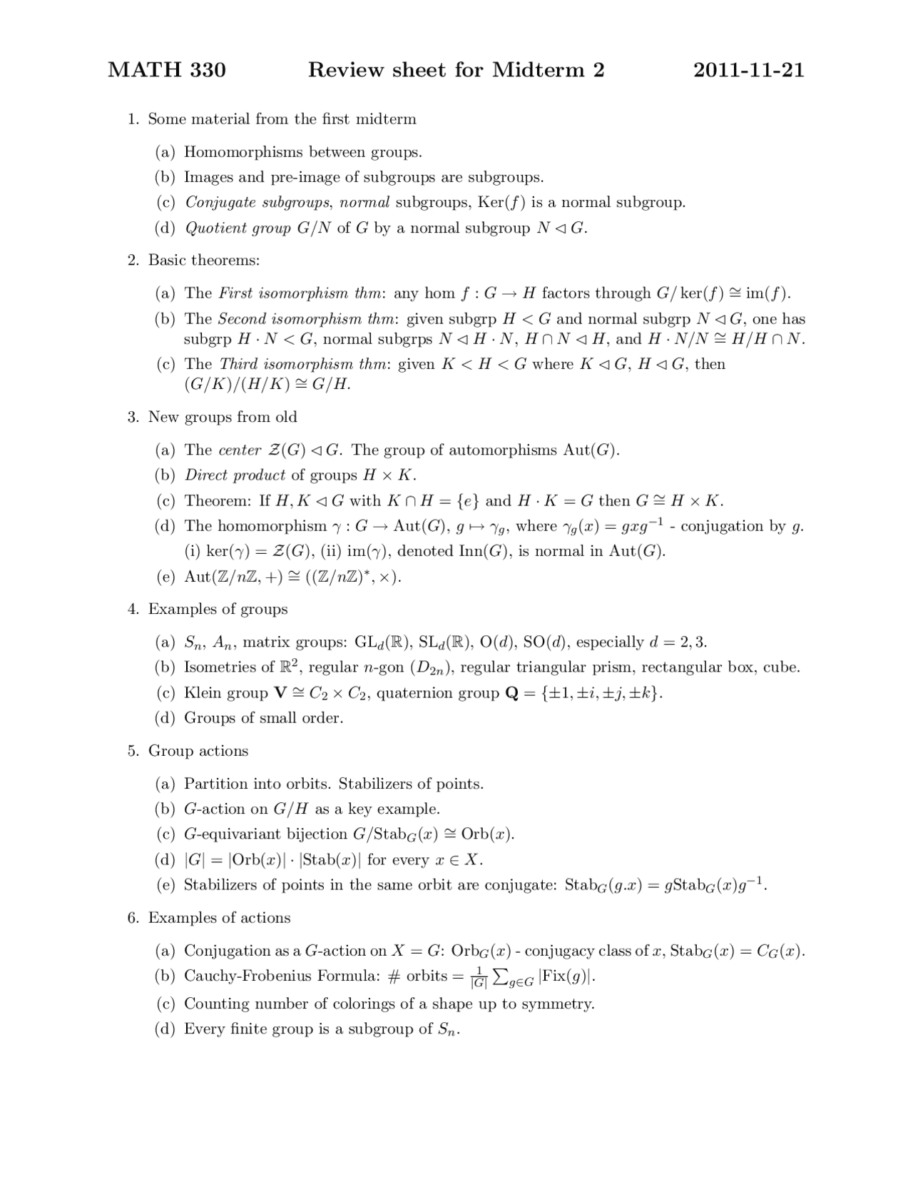 Review Sheet For Midterm Exam 2 Abstract Algebra I Math 330 Docsity