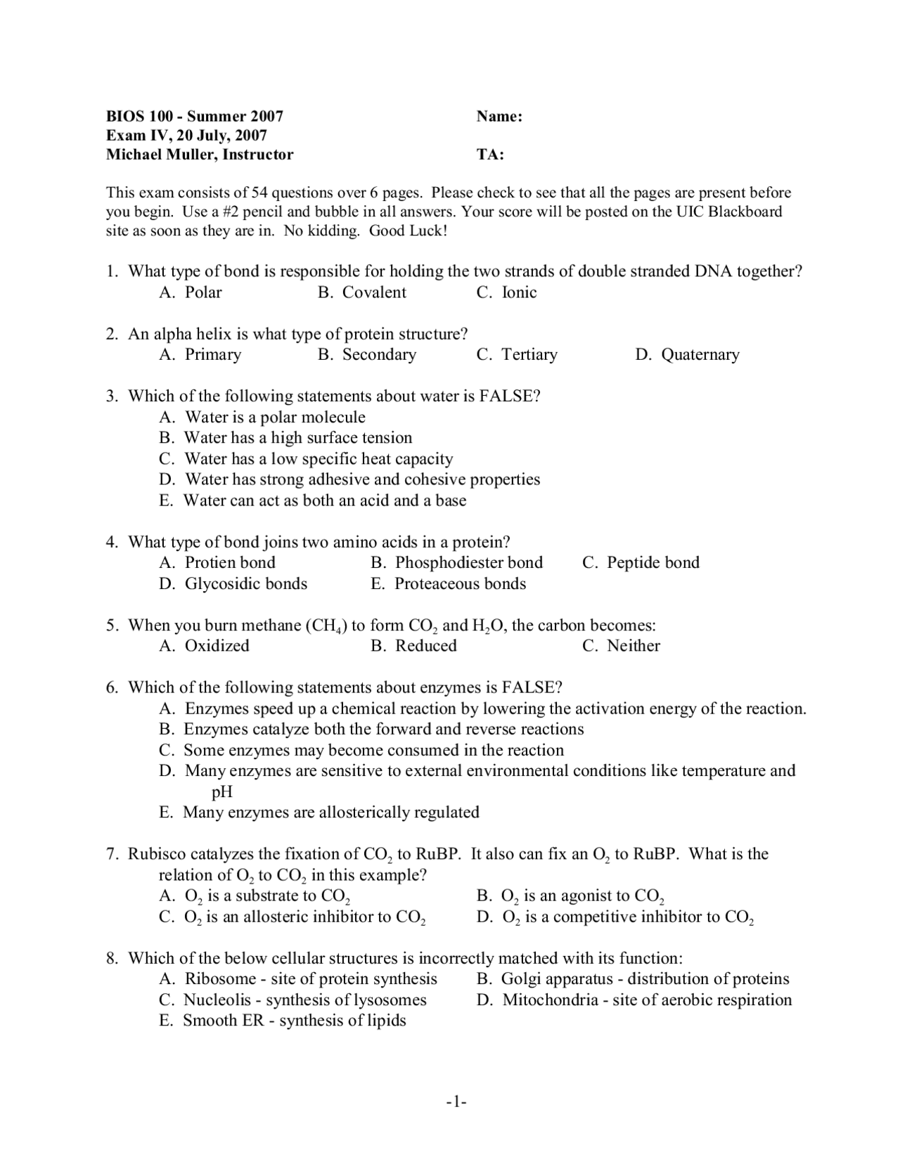 Exam IV for Biology of Cells and Organisms | BIOS 100 - Docsity