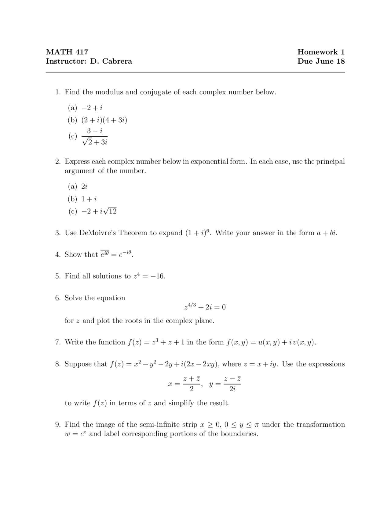 Homework 1 Solutions Complex Analysis With Applications Math 417 Assignments Mathematics Docsity