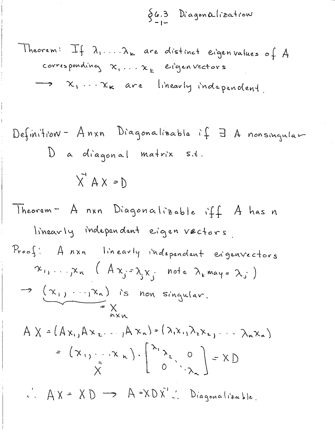 Theorem on Diagonalization - Handwritten Notes | MATH 310 - Docsity