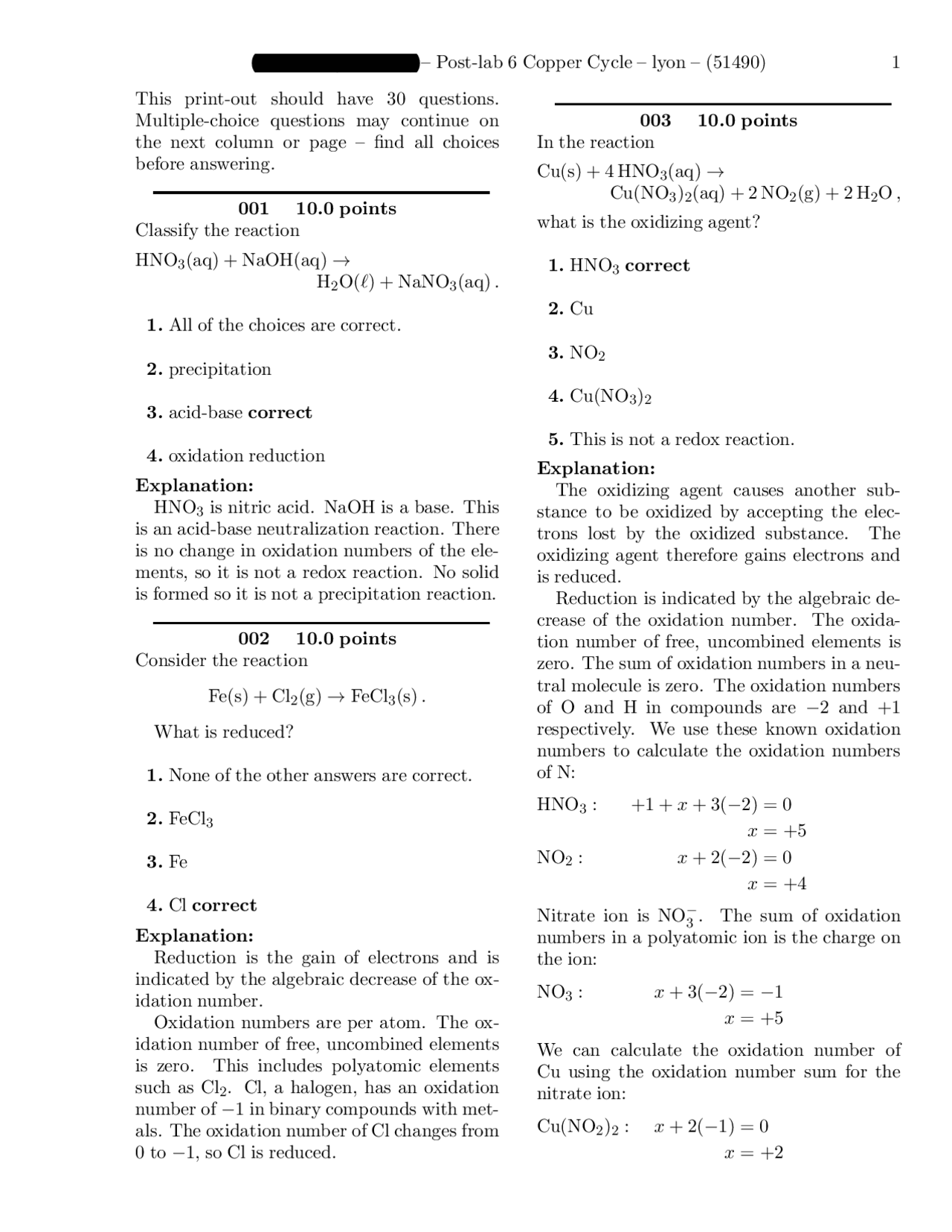 Post-Lab 6 Copper Cycle-Lyon - Introduction to Chemical Practice | CH ...