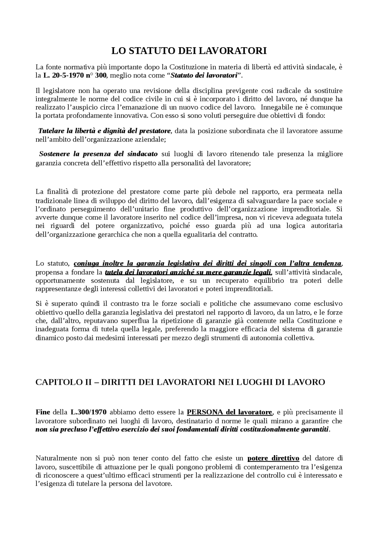 Lo statuto dei lavoratori Diritto del lavoro Docsity