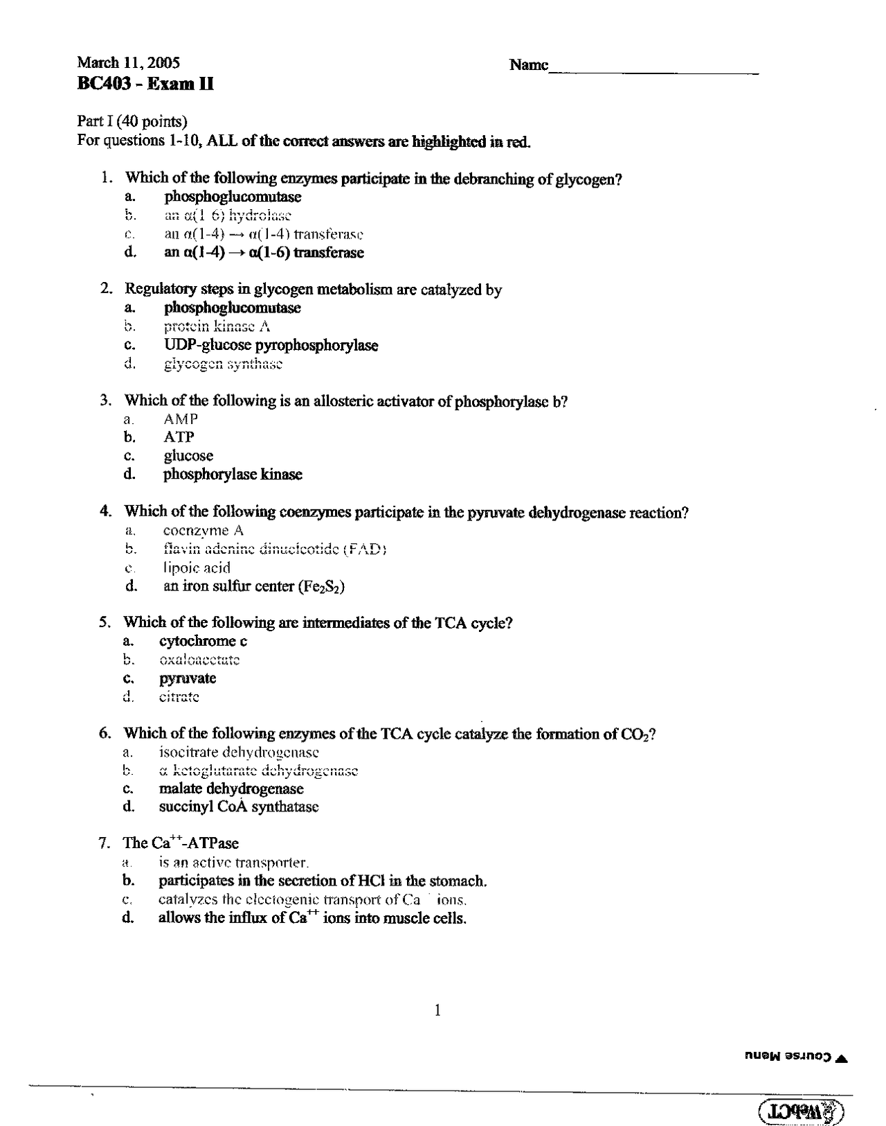 15 Questions on Glycogen Metabolism Exam 2 BC 403 Exams