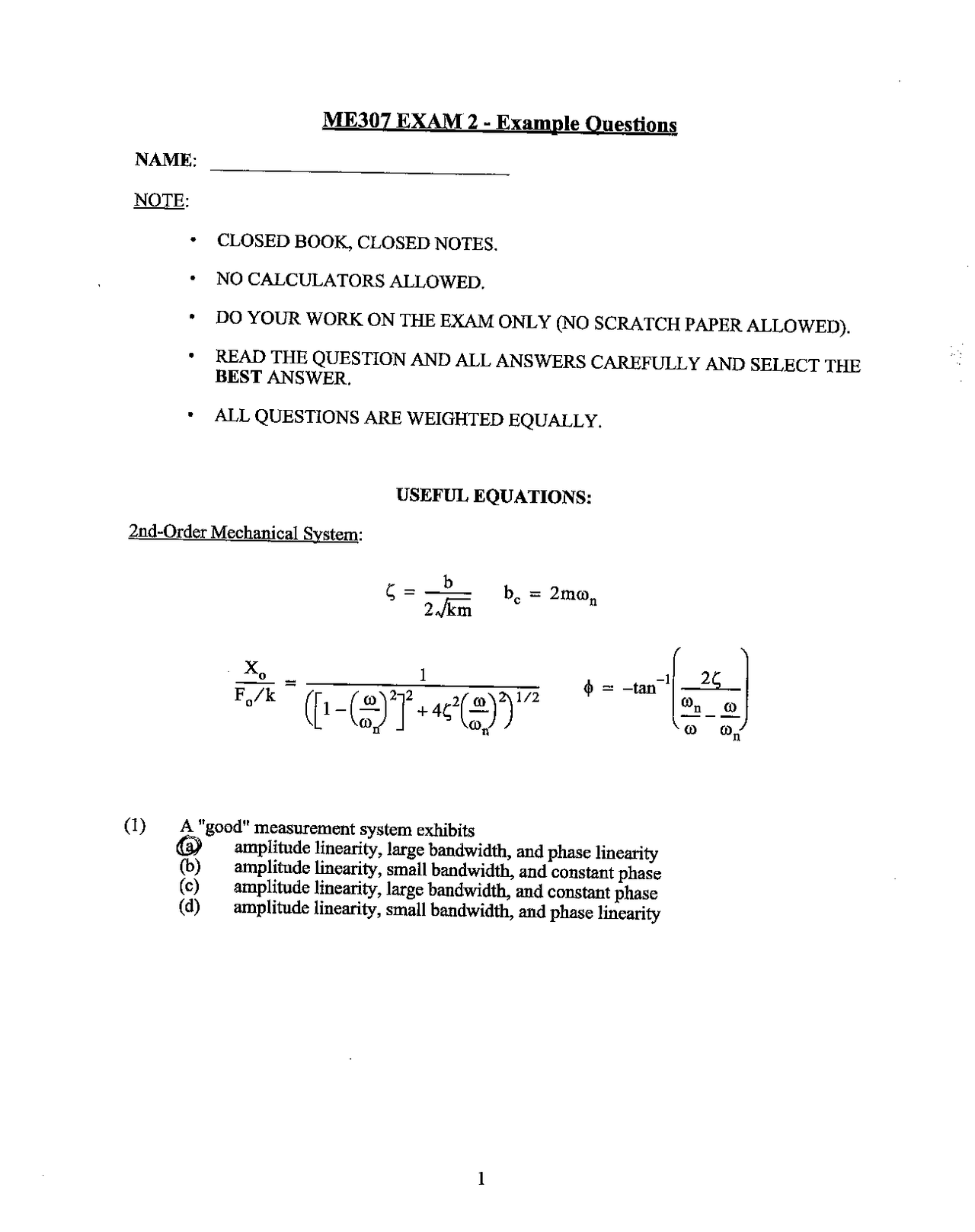 Solution of Exam 2 Sample Questions - Mechatronics and Measurement ...