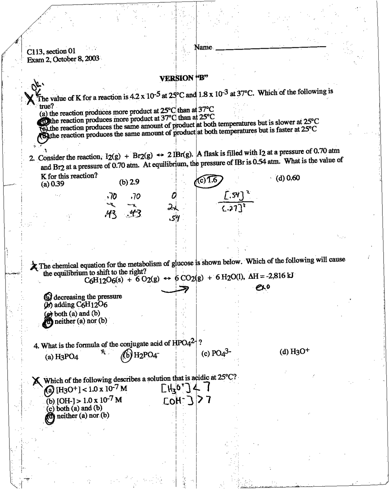 Exam 2 Version B with Answer Key - General Chemistry II | CHEM 113 ...