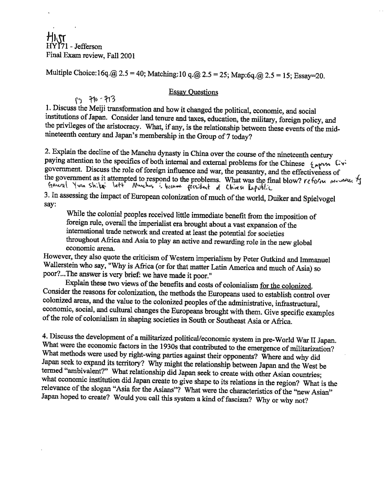 Hist 171 Final Exam Solved - World History 1500 | HIST 171 - Docsity