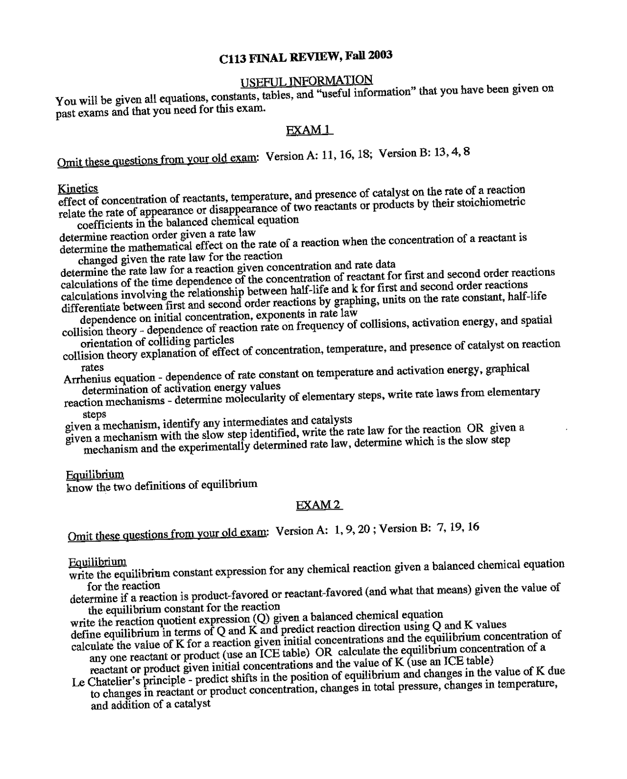 Introduction to General Chemistry II - Final Review Sheet | CHEM 113 ...