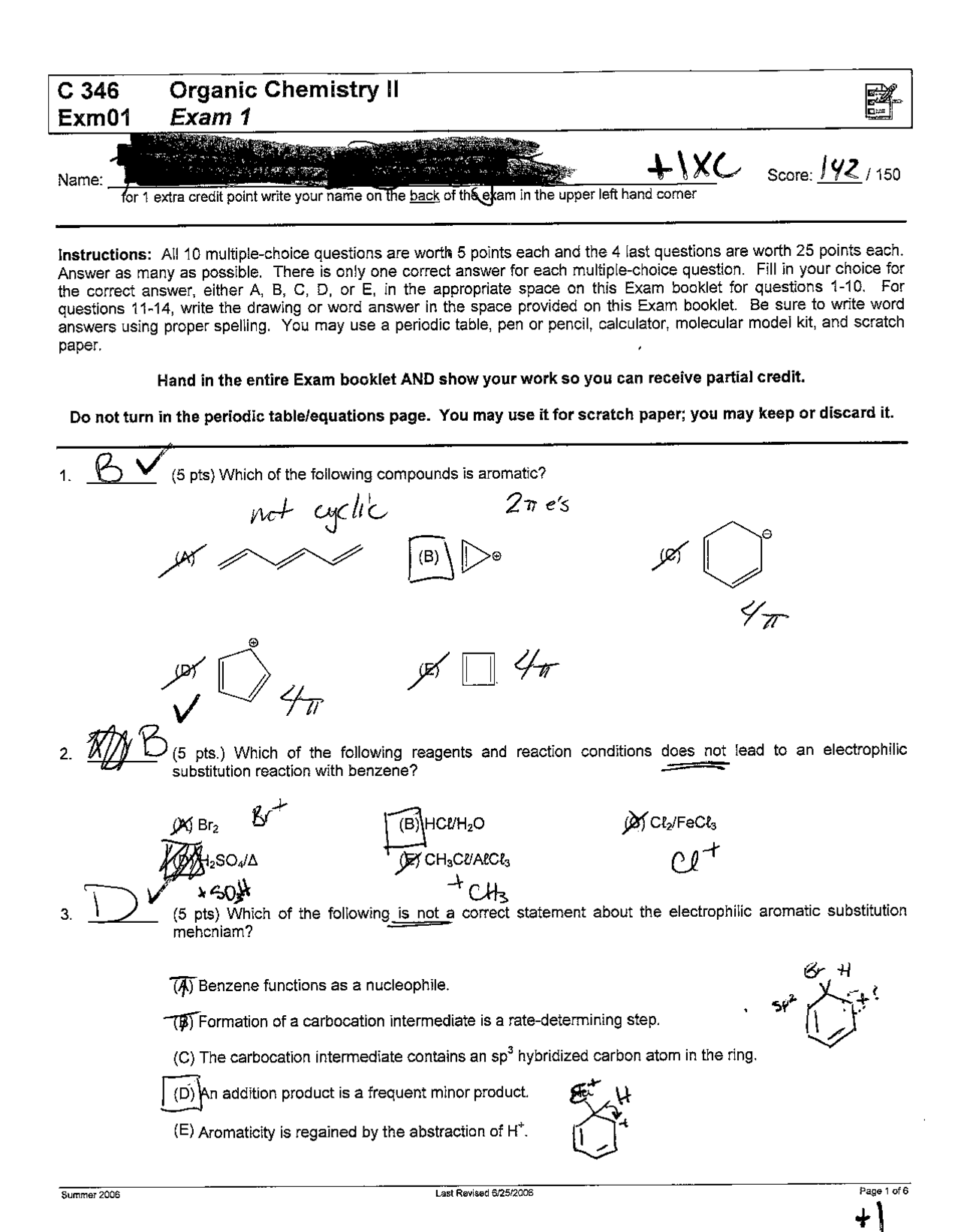 Organic Chemistry II - Solutions for Exam 1 | CHEM 346 - Docsity