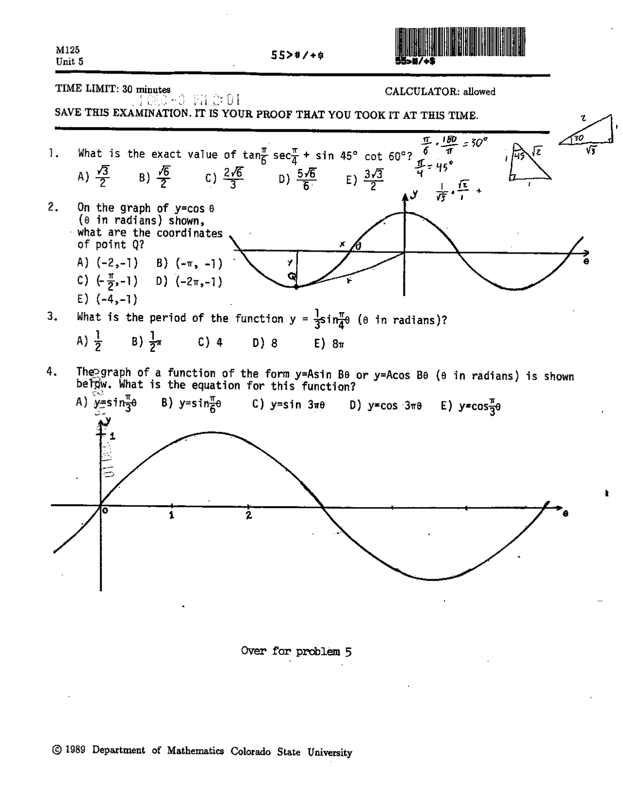 Practice Midterm Exam - Numerical Trigonometry | MATH 125 - Docsity