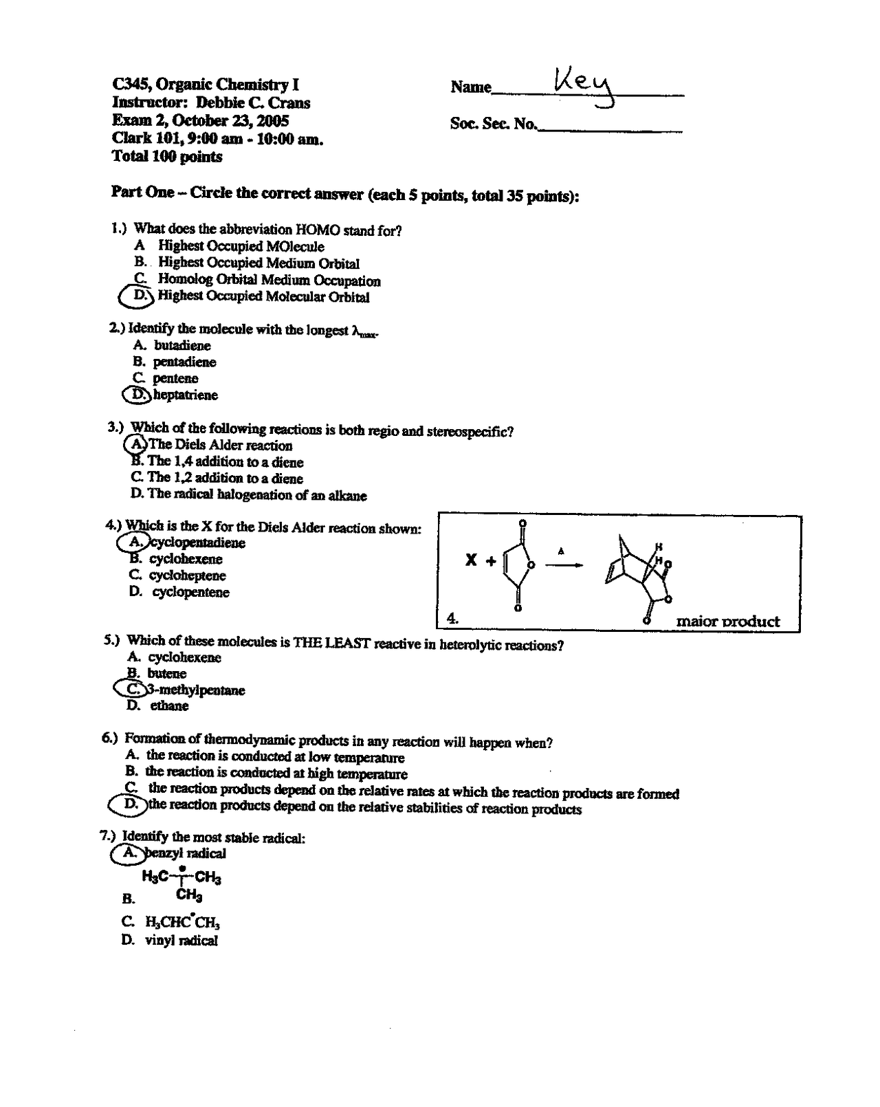 Exam 2 Answer Key for Organic Chemistry I | CHEM 345 - Docsity