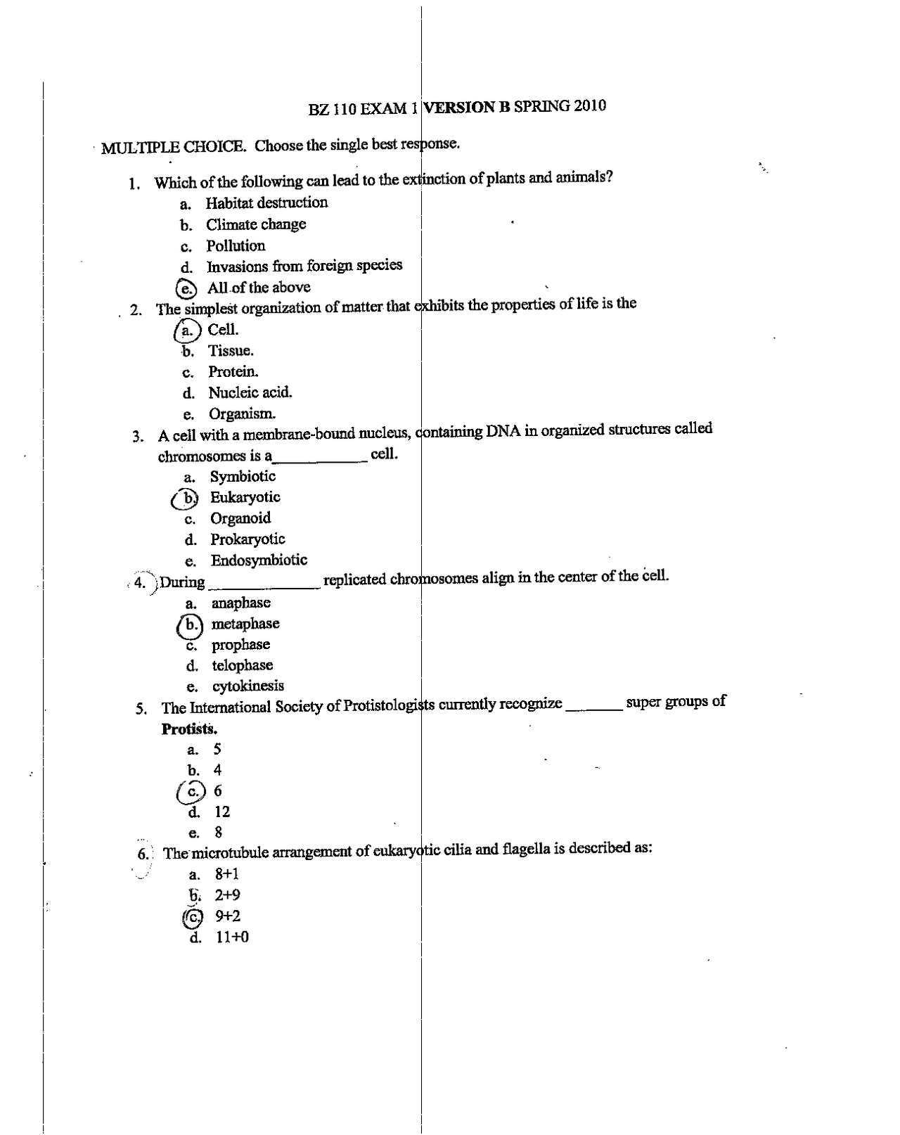 Exam I Version B Solved - Principles of Animal Biology | BZ 110 - Docsity