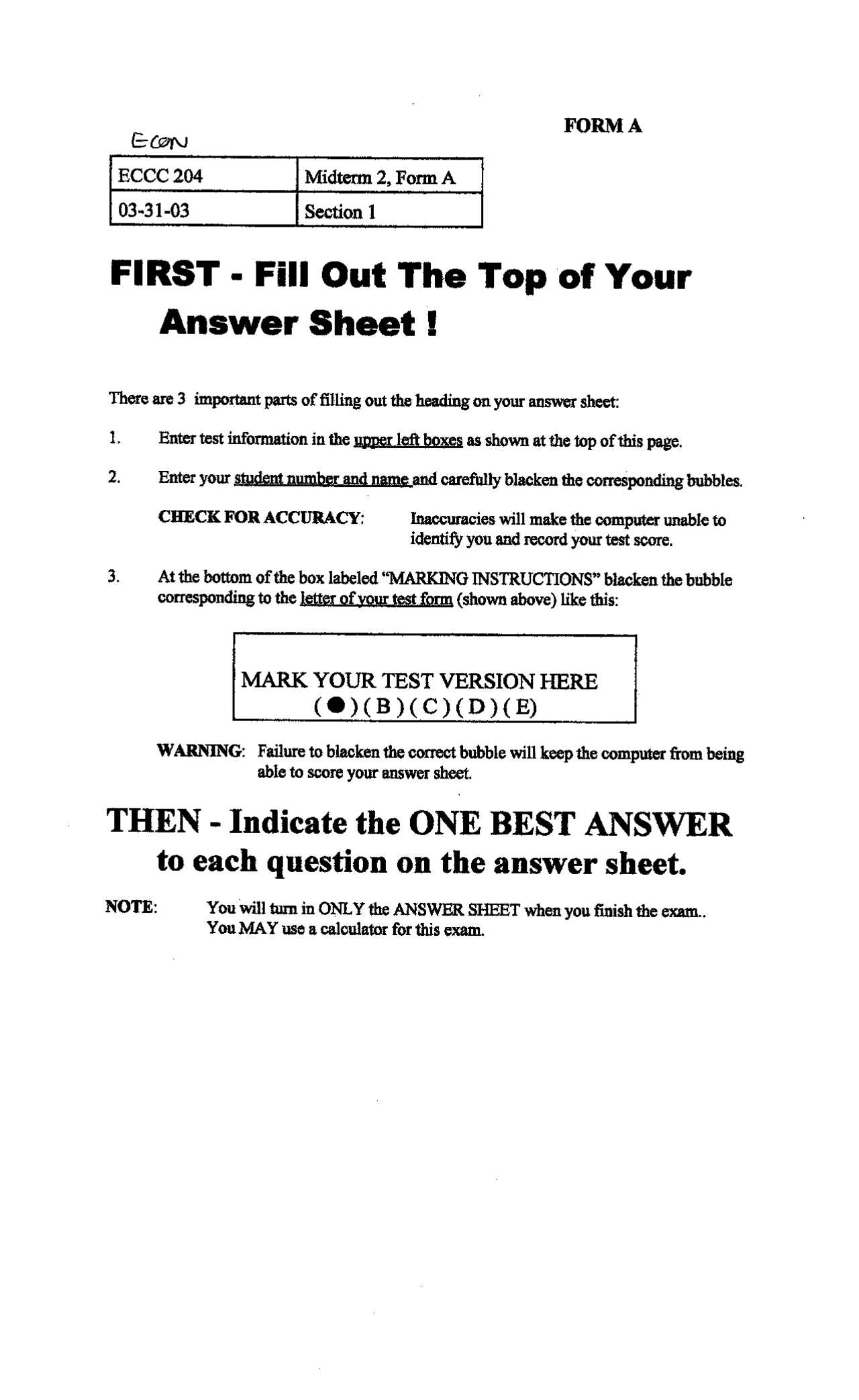 Midterm Exam 2A with Answers - Principles of Macroeconomics | ECON 204 ...