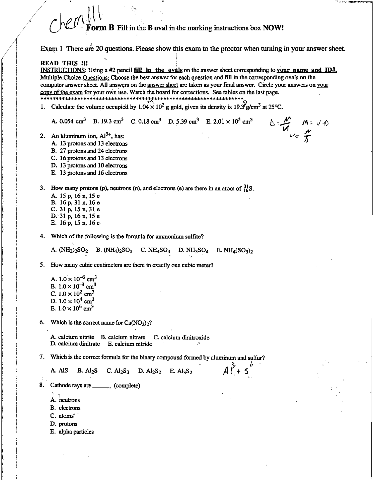General Chemistry I - Exam 1 Form B with Resolution | CHEM 111 - Docsity