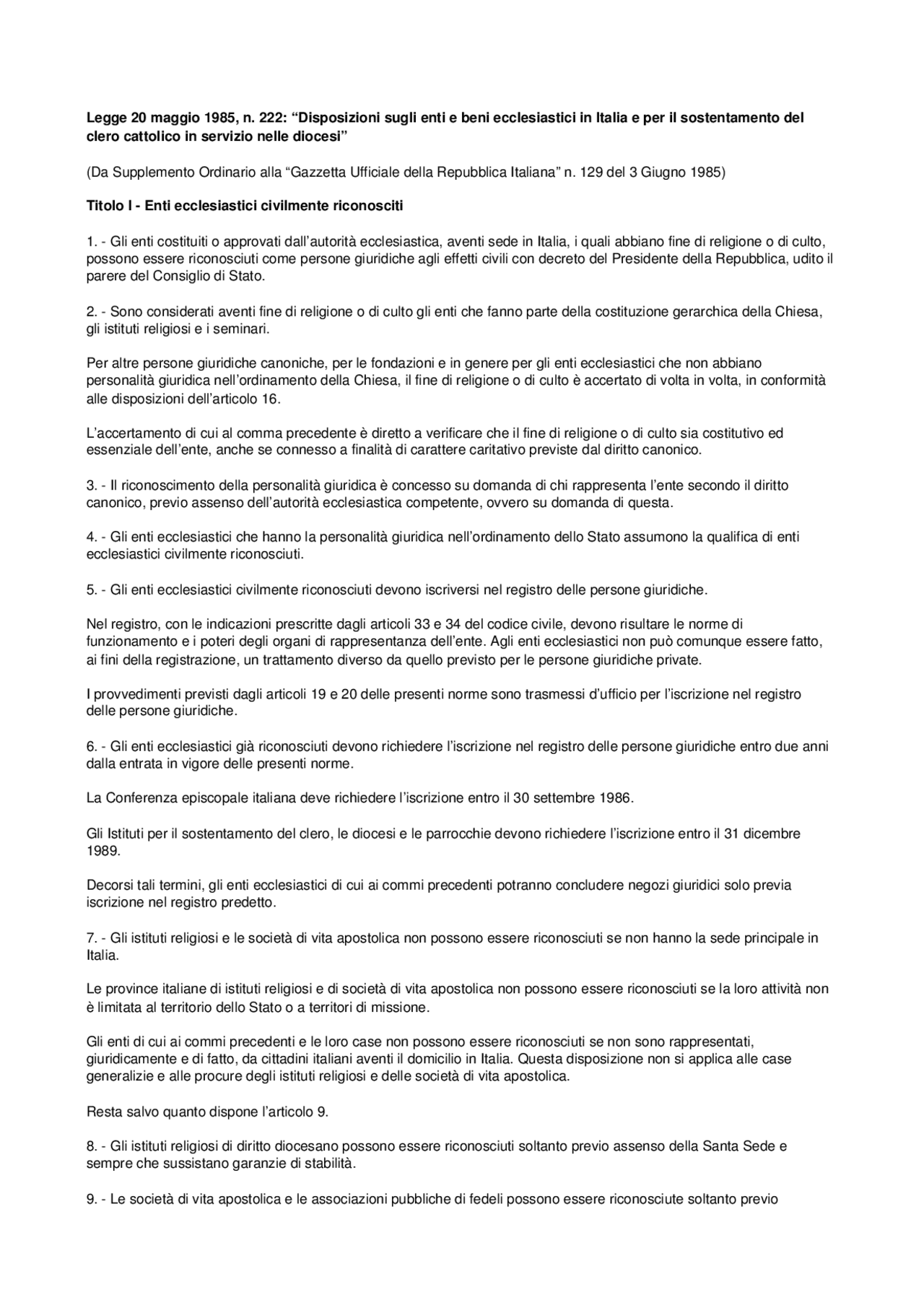 Legge 20 maggio 1985, n. 222 “Disposizioni Docsity