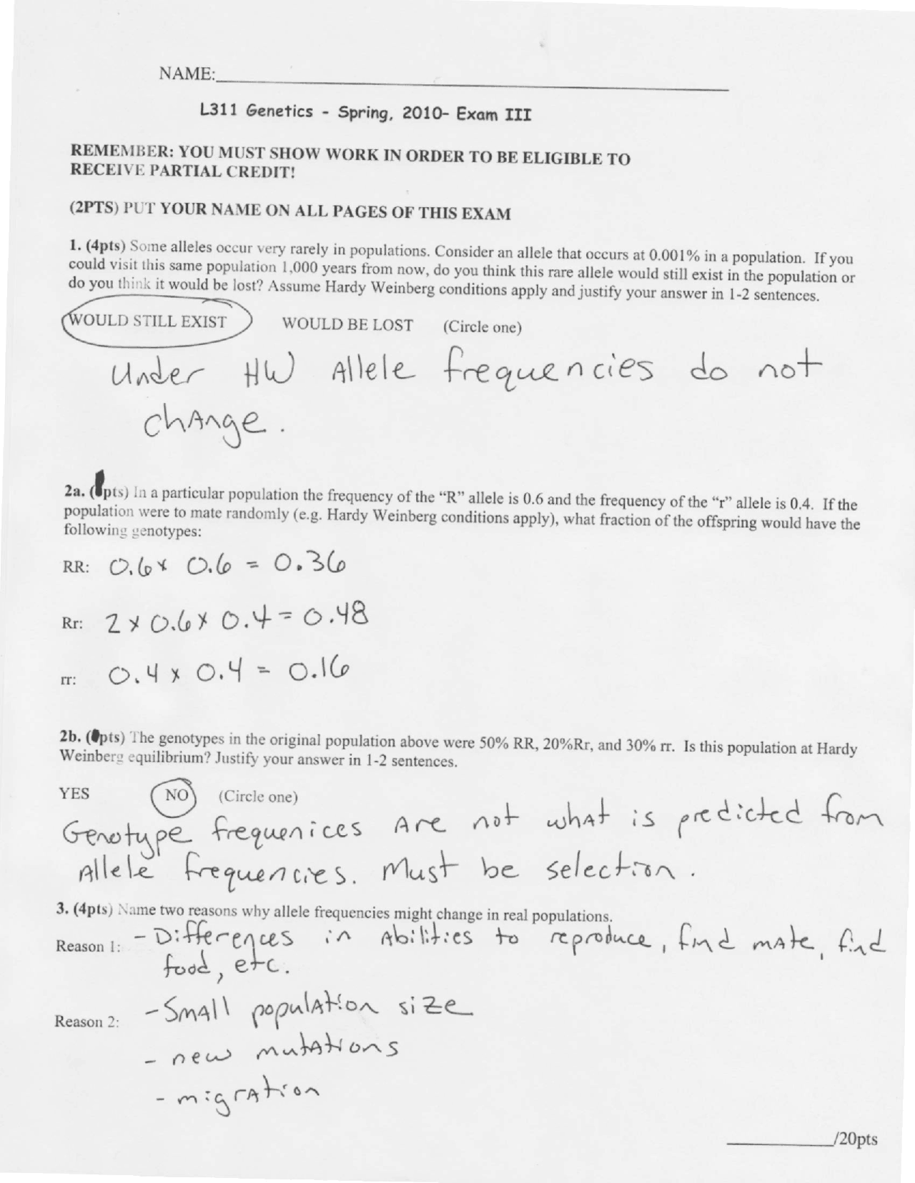 Old Lab Exam Papers Old Examination 2 with Solutions - Genetics | BIOL - Docsity