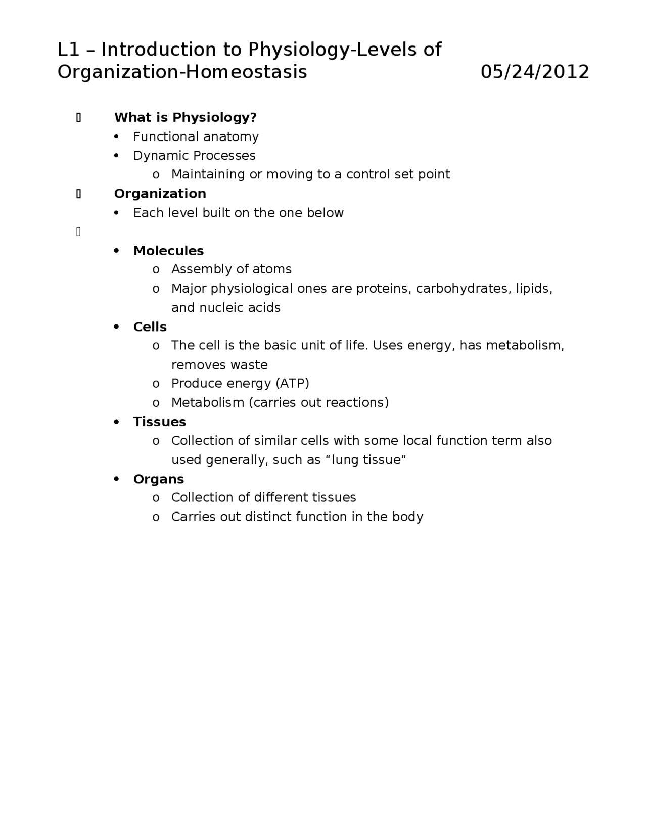 Levels of Organization Homeostasis Lecture Notes PSL 250 Docsity