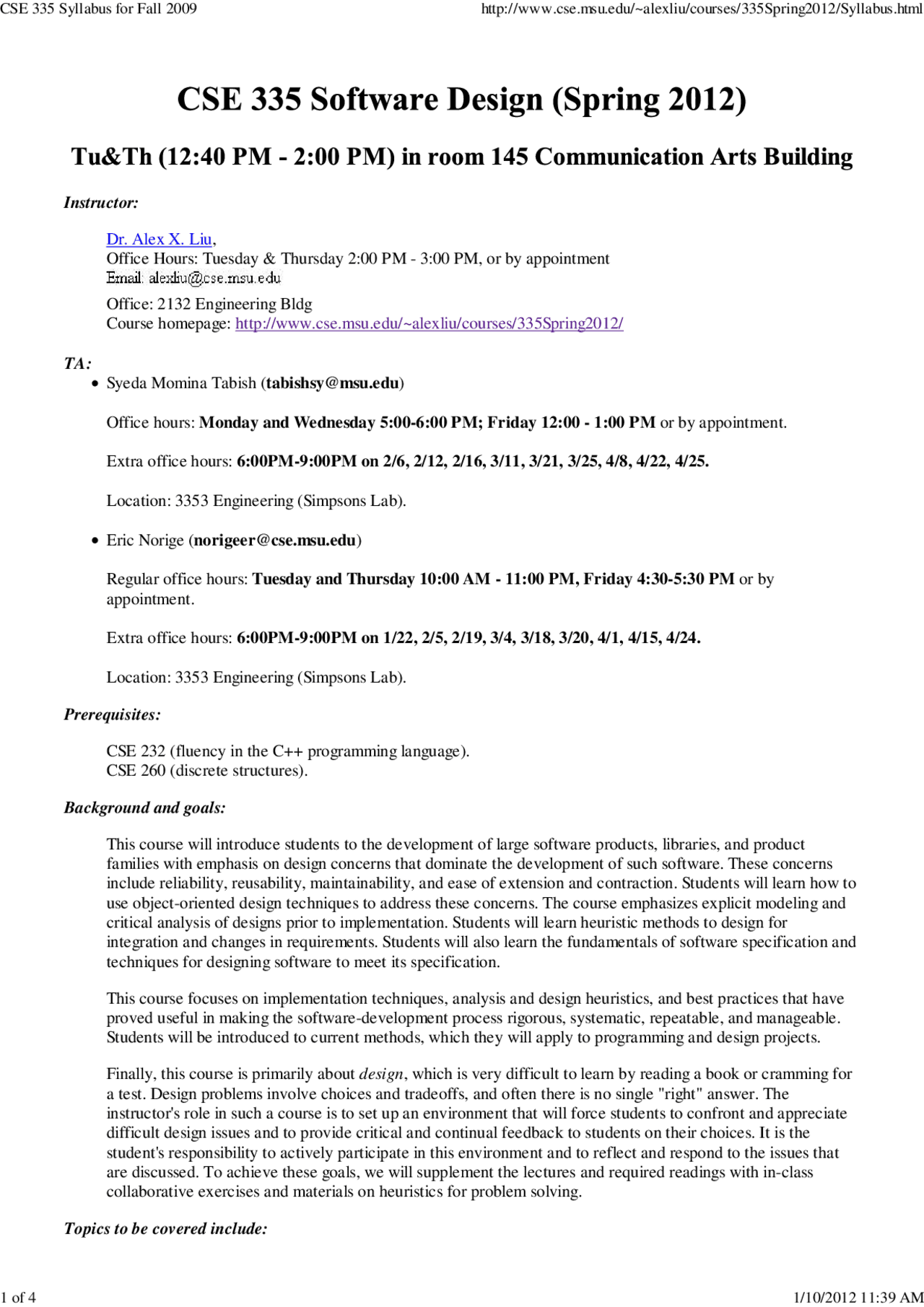 Syllabus Schedule for Software Design | CSE 335 - Docsity