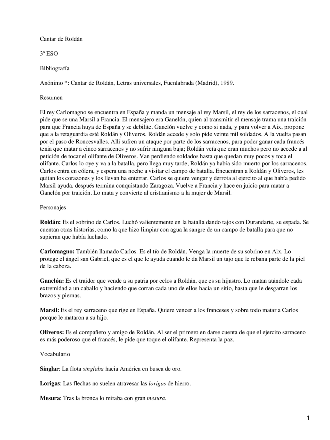 Cantar De Roldan Literatura Medieval Resumen Docsity