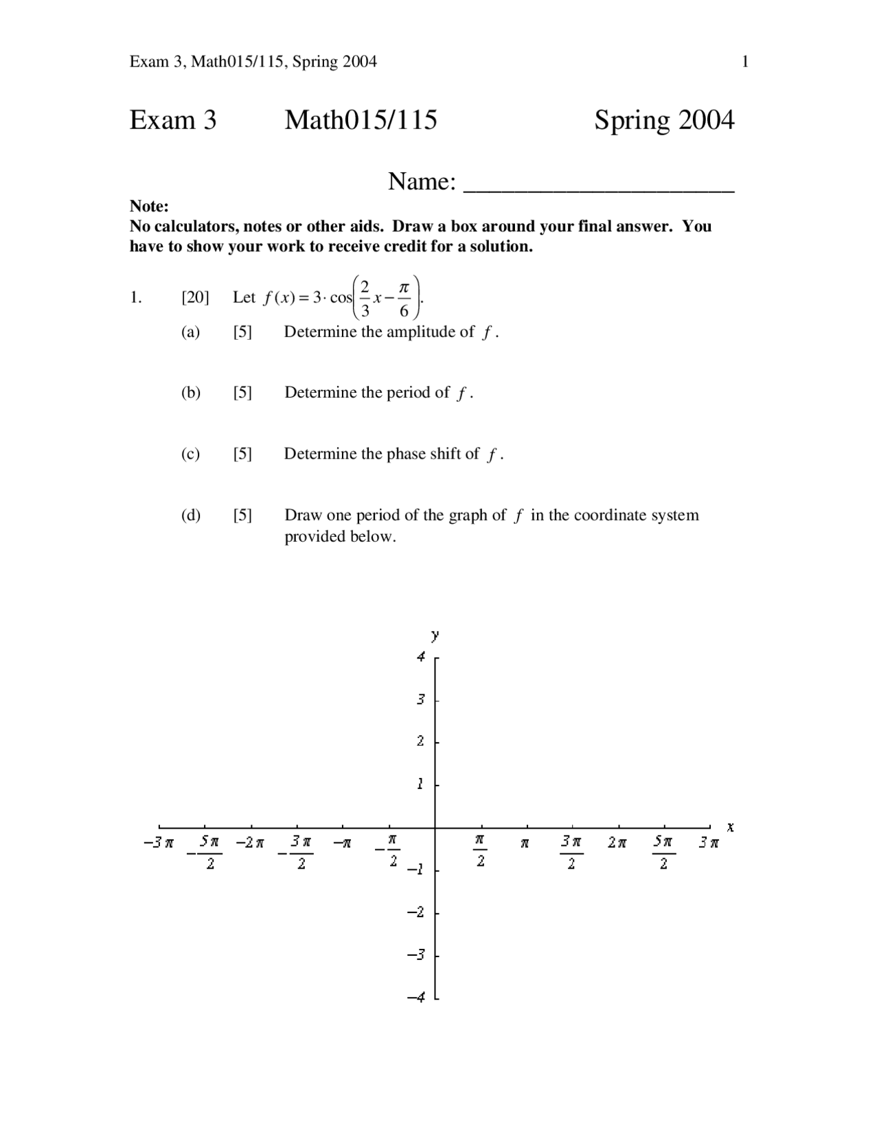 Practice Exam 3 - Fundamentals of Algebra I - Spring 2004 | MATH 015 ...